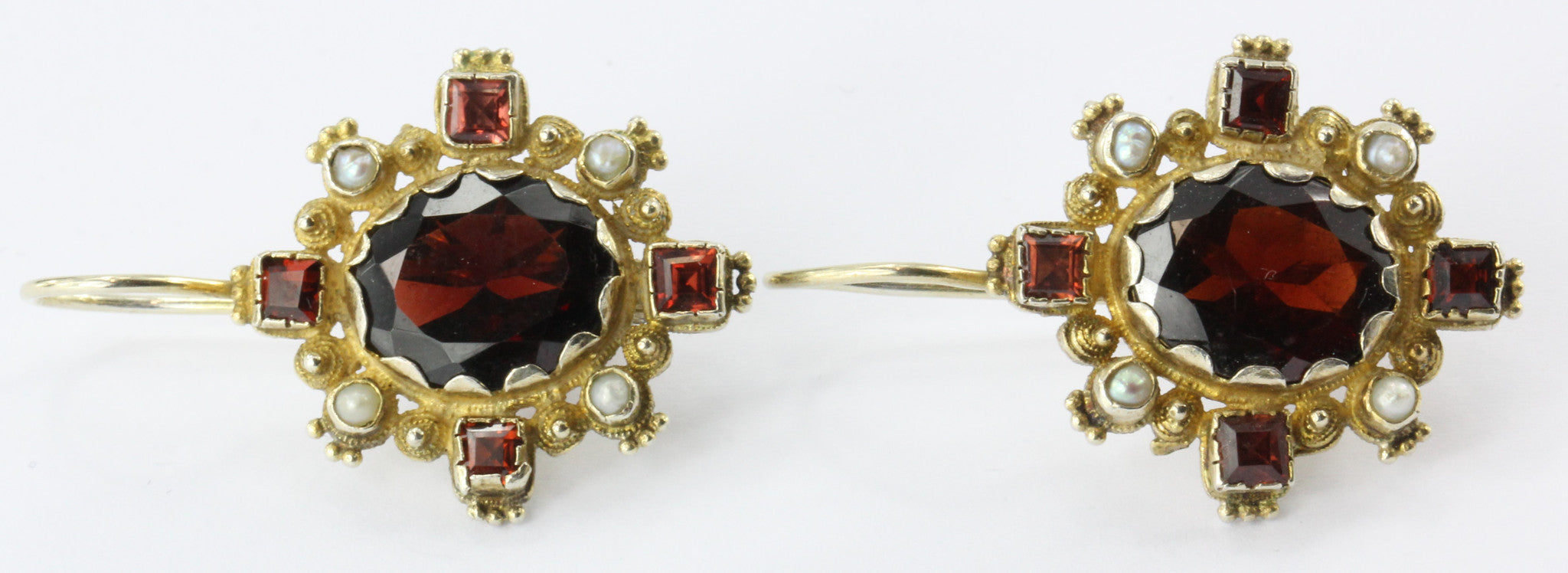 Georgian Style Gold Washed Sterling Silver Garnet & Pearl Earrings - Queen May
