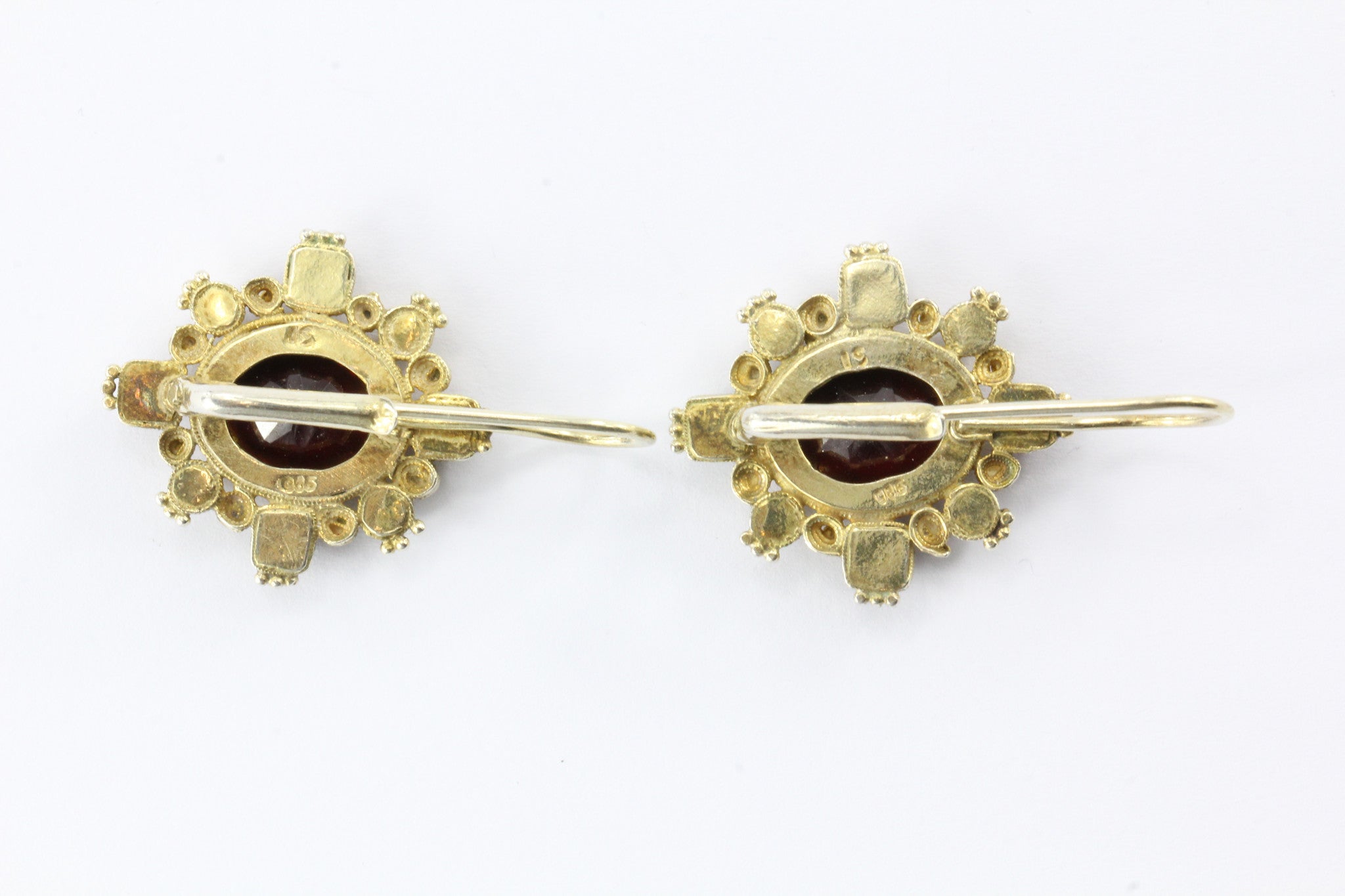 Georgian Style Gold Washed Sterling Silver Garnet & Pearl Earrings - Queen May