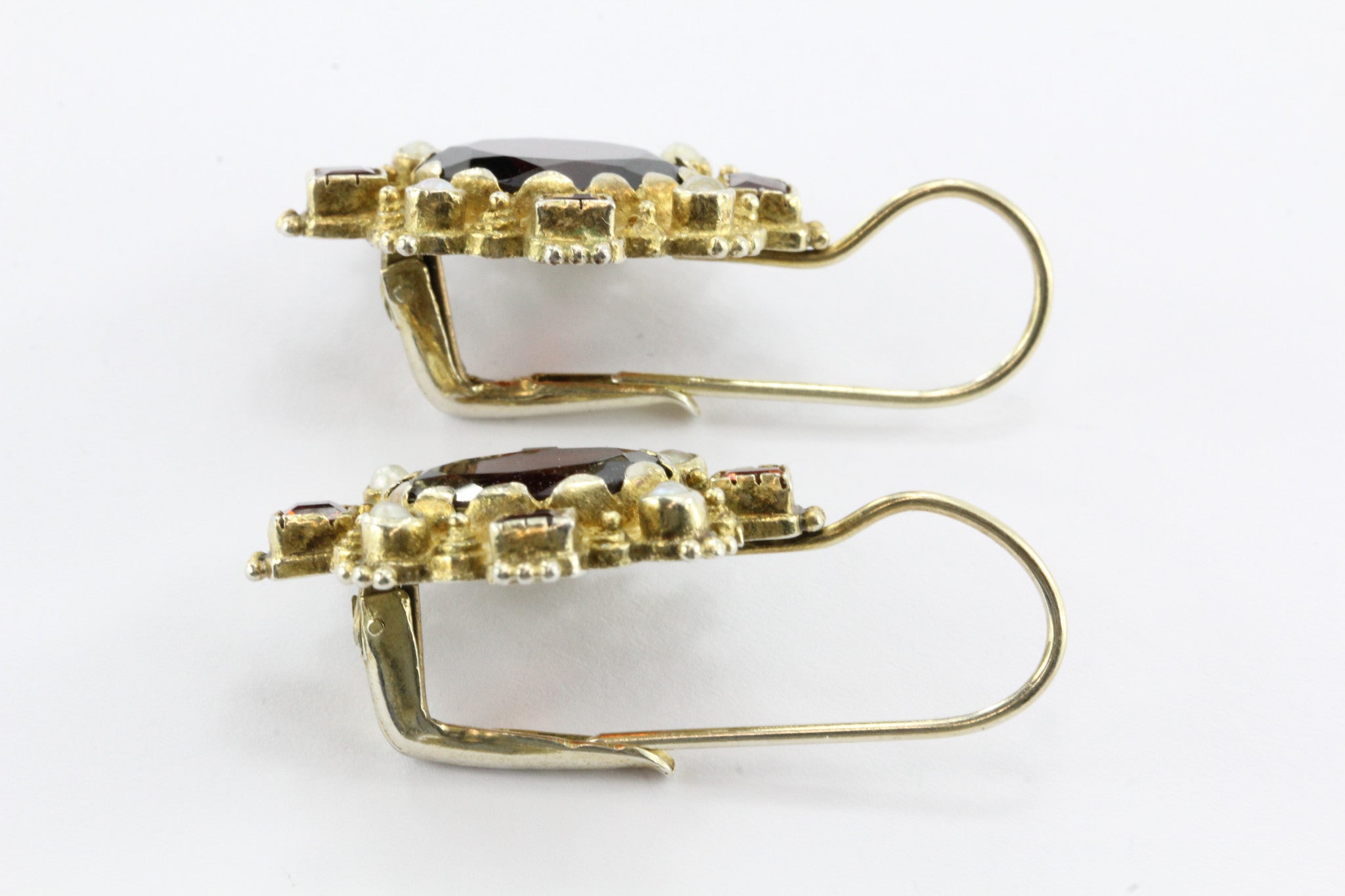 Georgian Style Gold Washed Sterling Silver Garnet & Pearl Earrings - Queen May