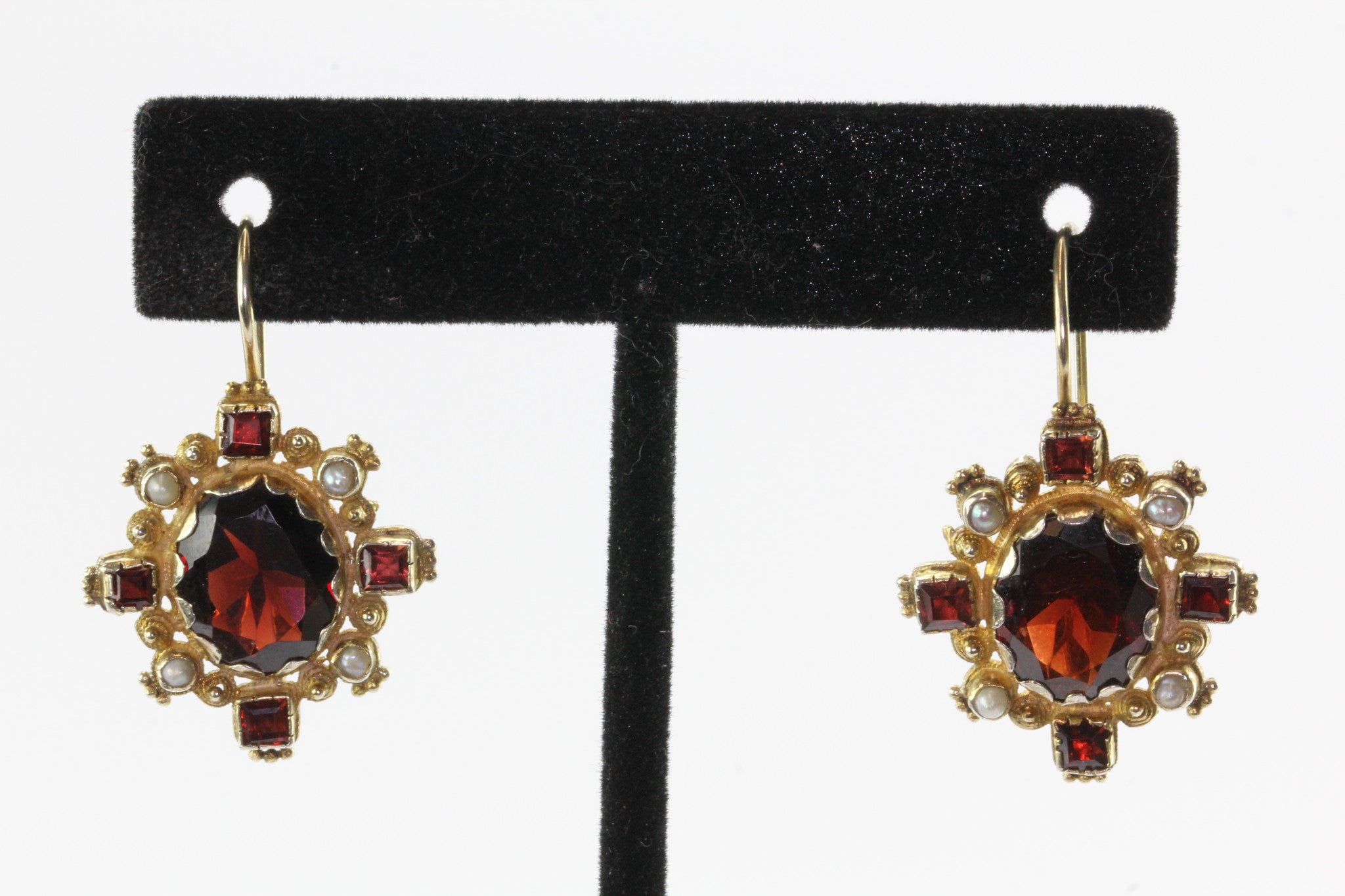 Georgian Style Gold Washed Sterling Silver Garnet & Pearl Earrings - Queen May
