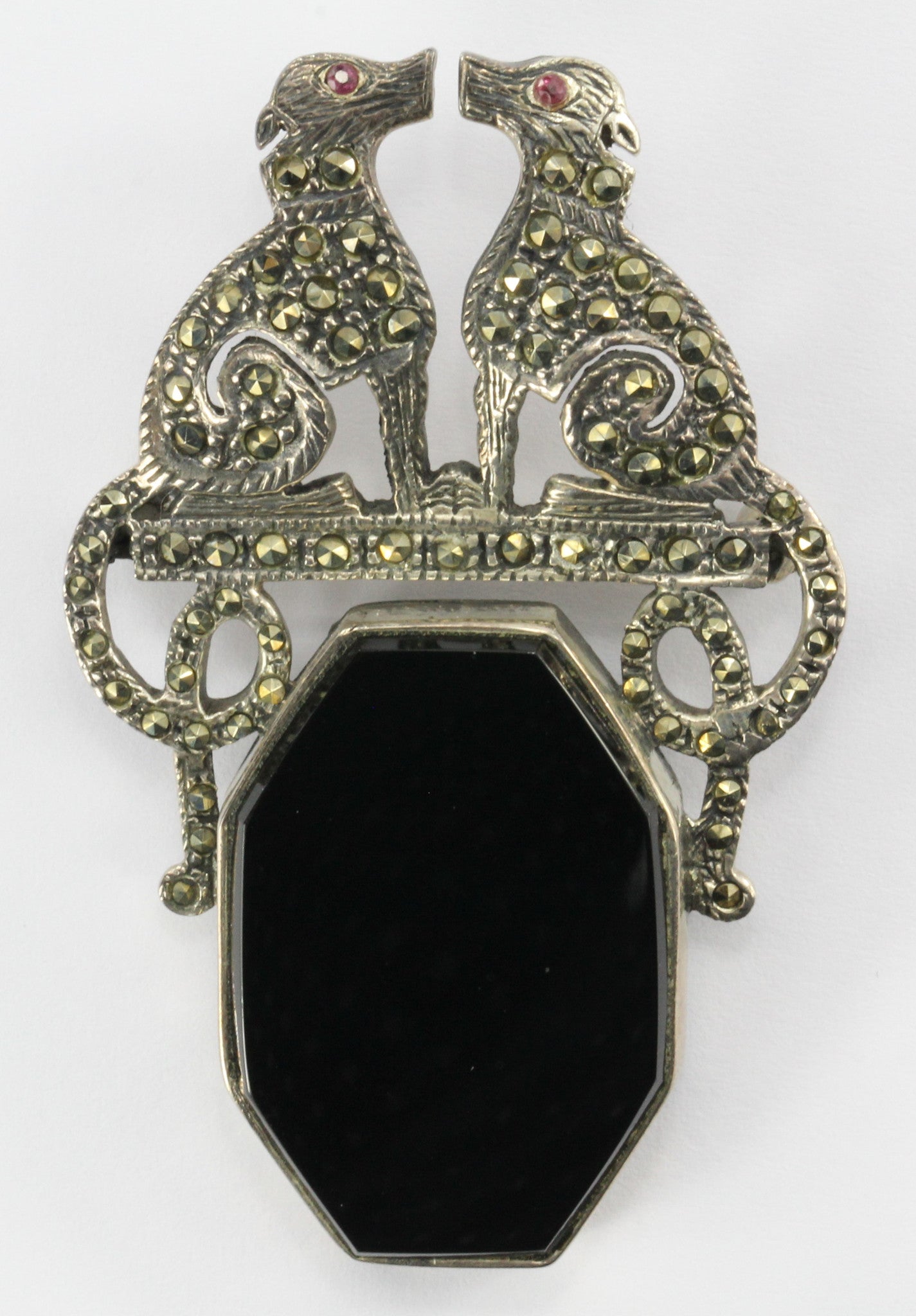 Vintage Art Deco Sterling Silver Marcasite & Onyx Greyhound Dog Brooch Pin - Queen May