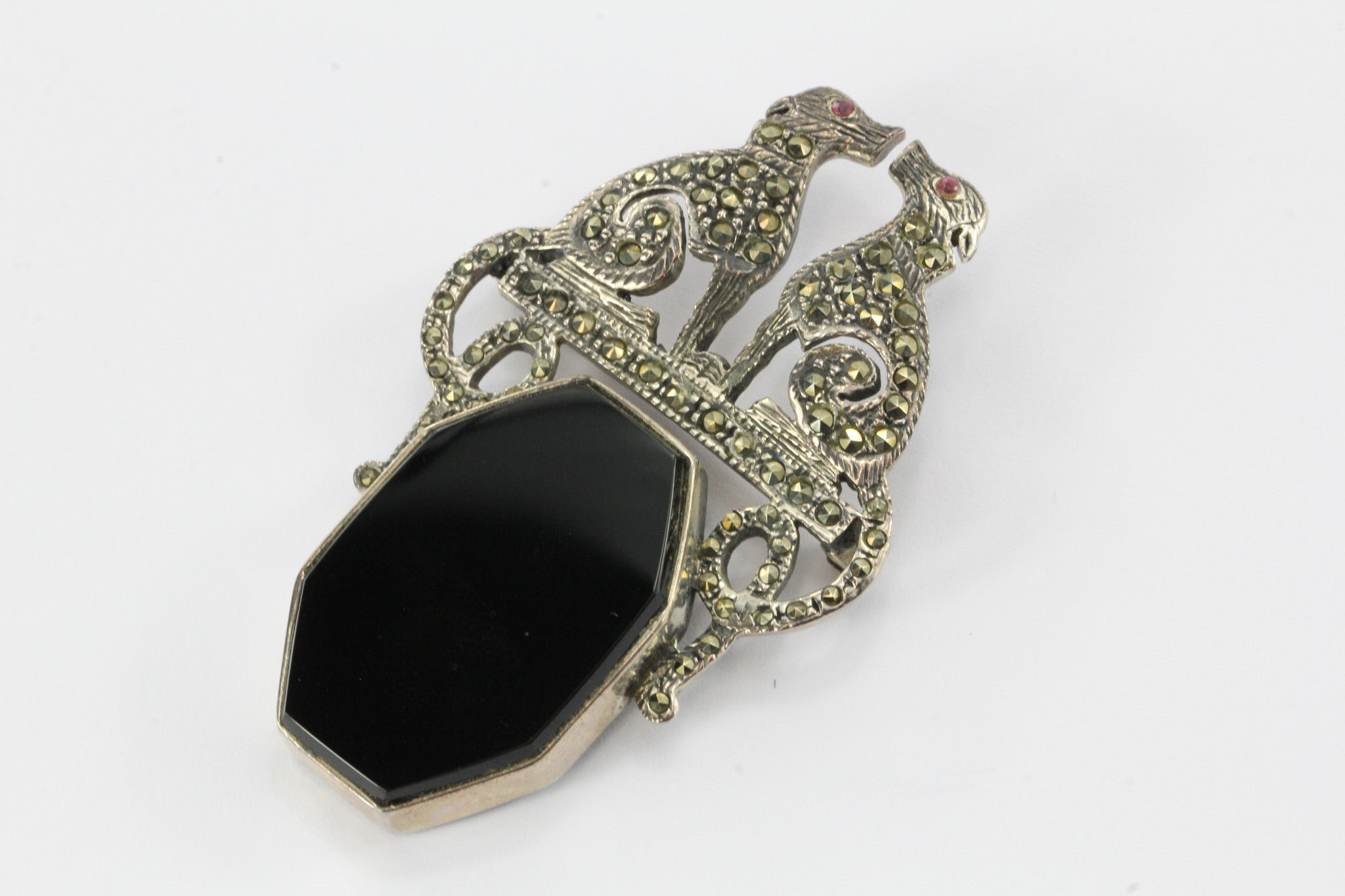 Vintage Art Deco Sterling Silver Marcasite & Onyx Greyhound Dog Brooch Pin - Queen May