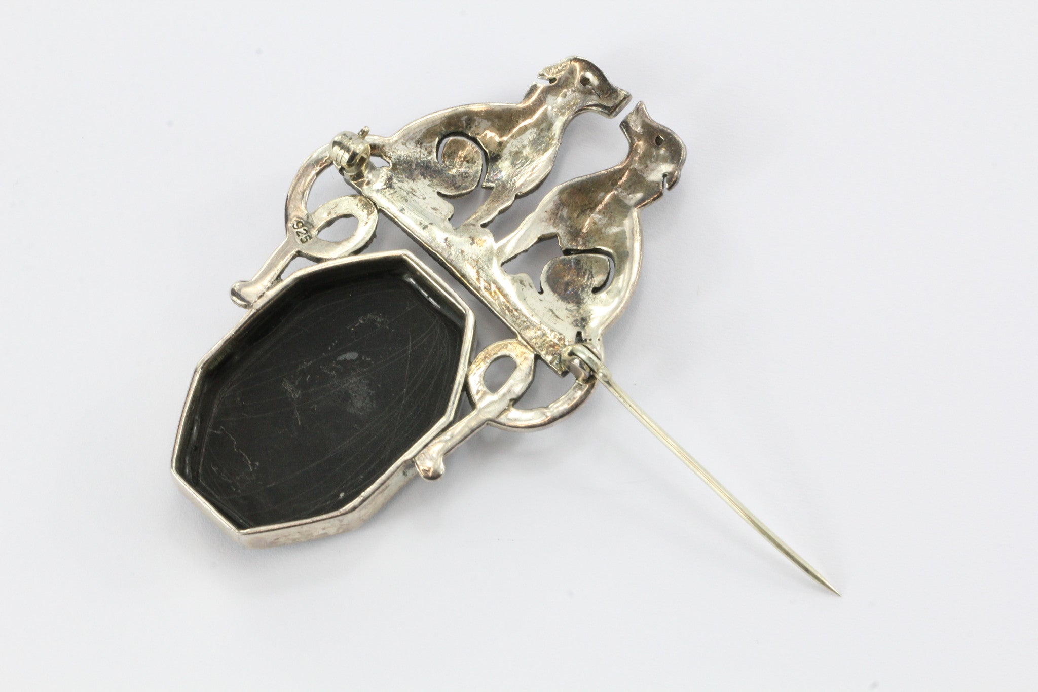 Vintage Art Deco Sterling Silver Marcasite & Onyx Greyhound Dog Brooch Pin - Queen May