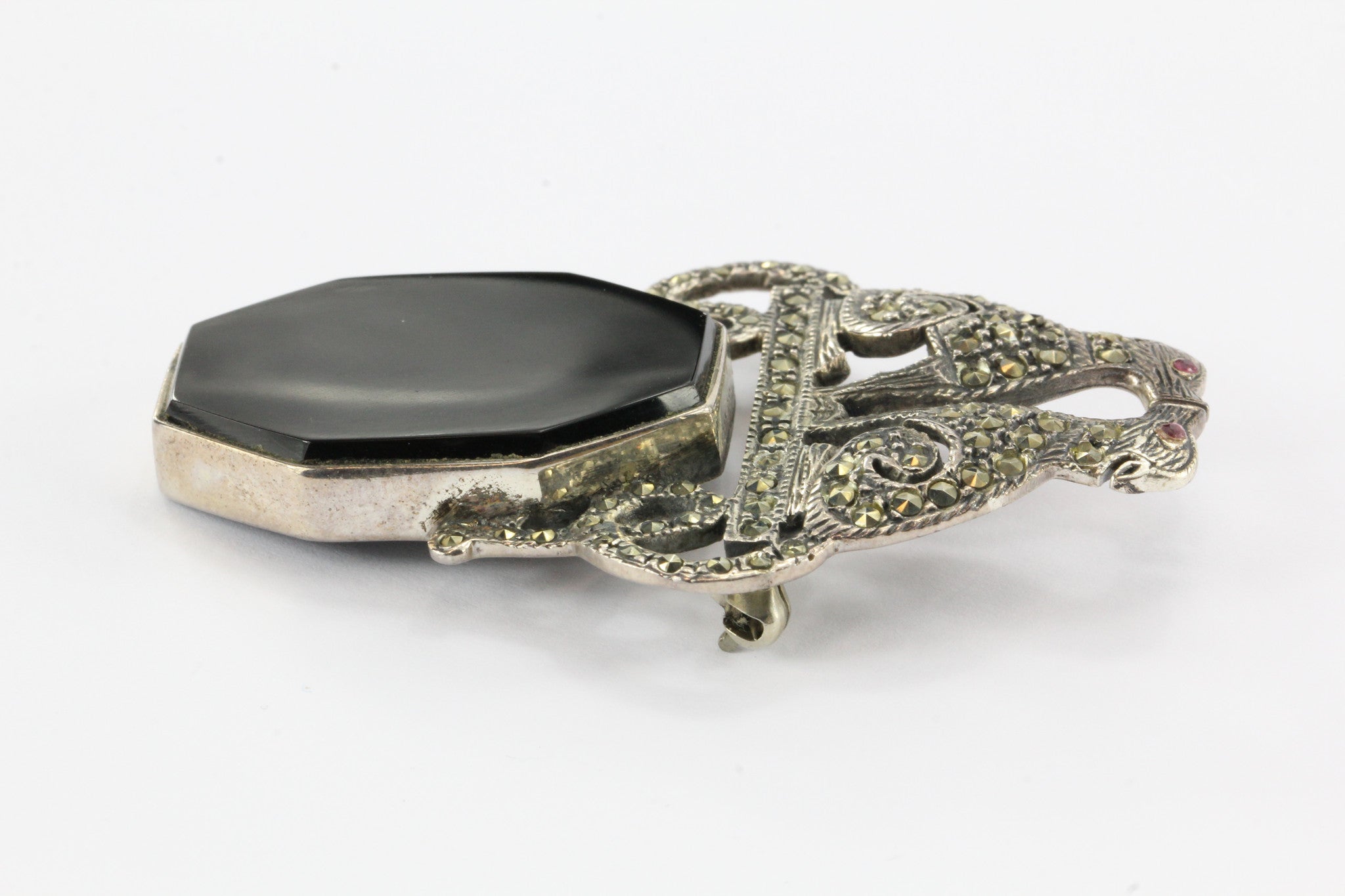 Vintage Art Deco Sterling Silver Marcasite & Onyx Greyhound Dog Brooch Pin - Queen May