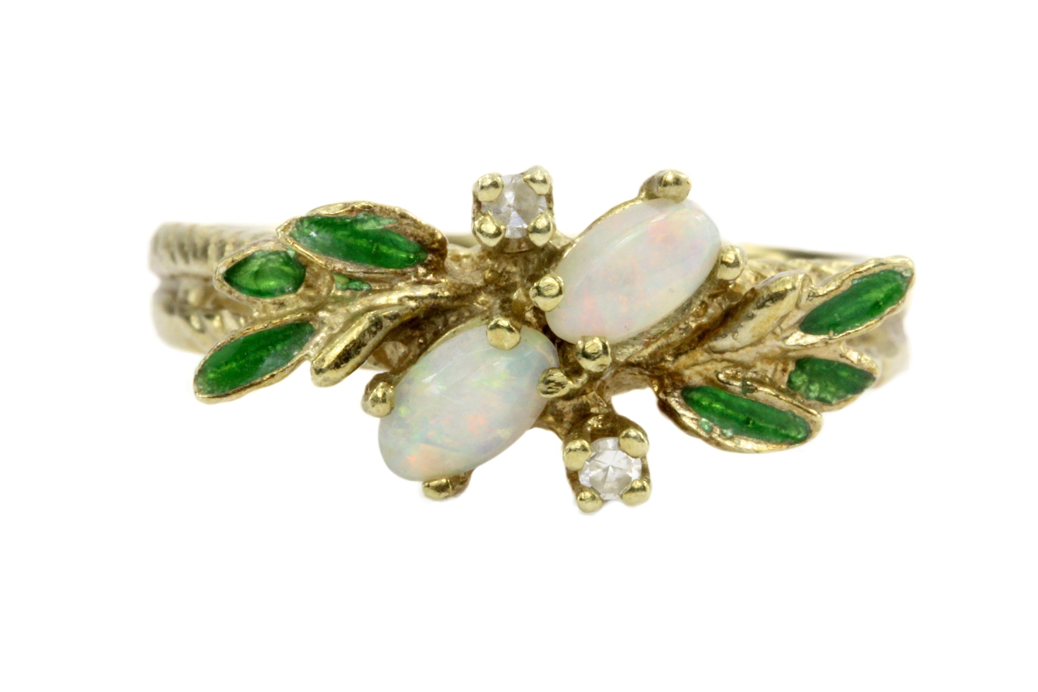 Retro 14K Gold Opal Diamond & Enamel Leaf Ring C.1960's - Queen May