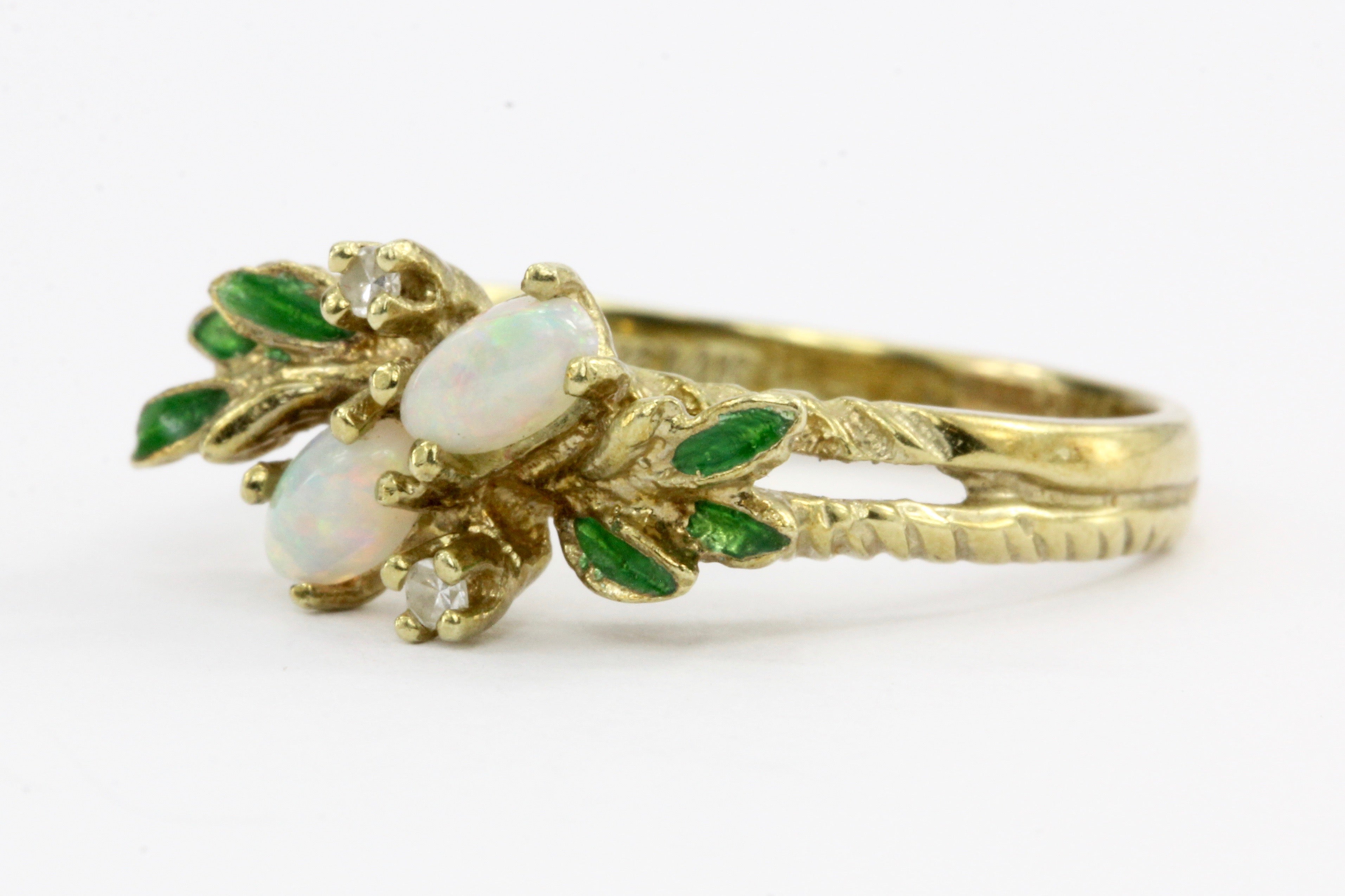 Retro 14K Gold Opal Diamond & Enamel Leaf Ring C.1960's - Queen May