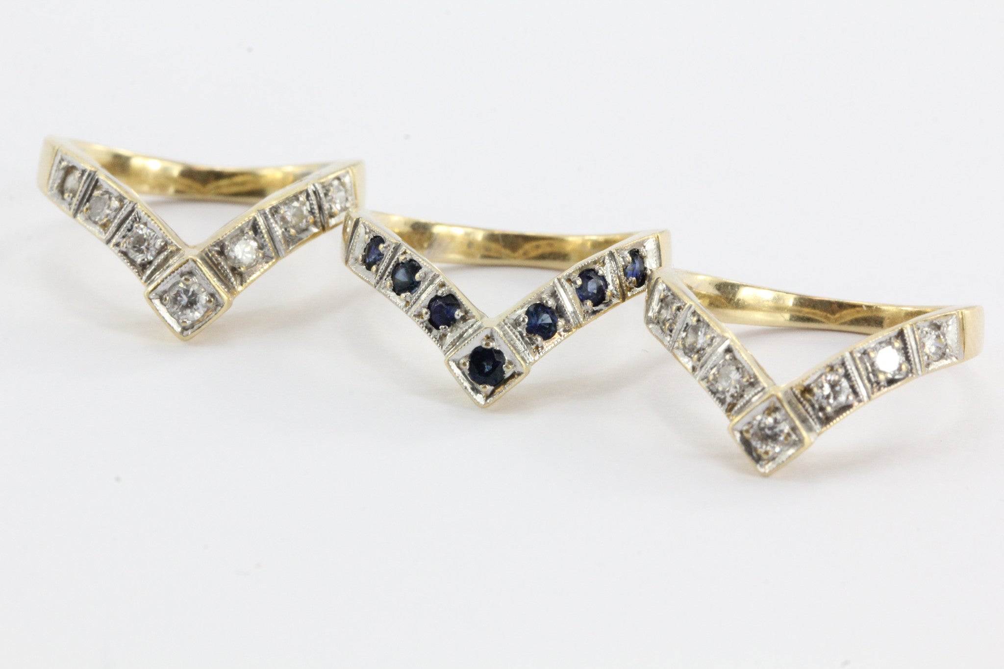 Maurice Tishman 14K Diamond & Sapphire Set of 3 Stackable Antique Rings - Queen May