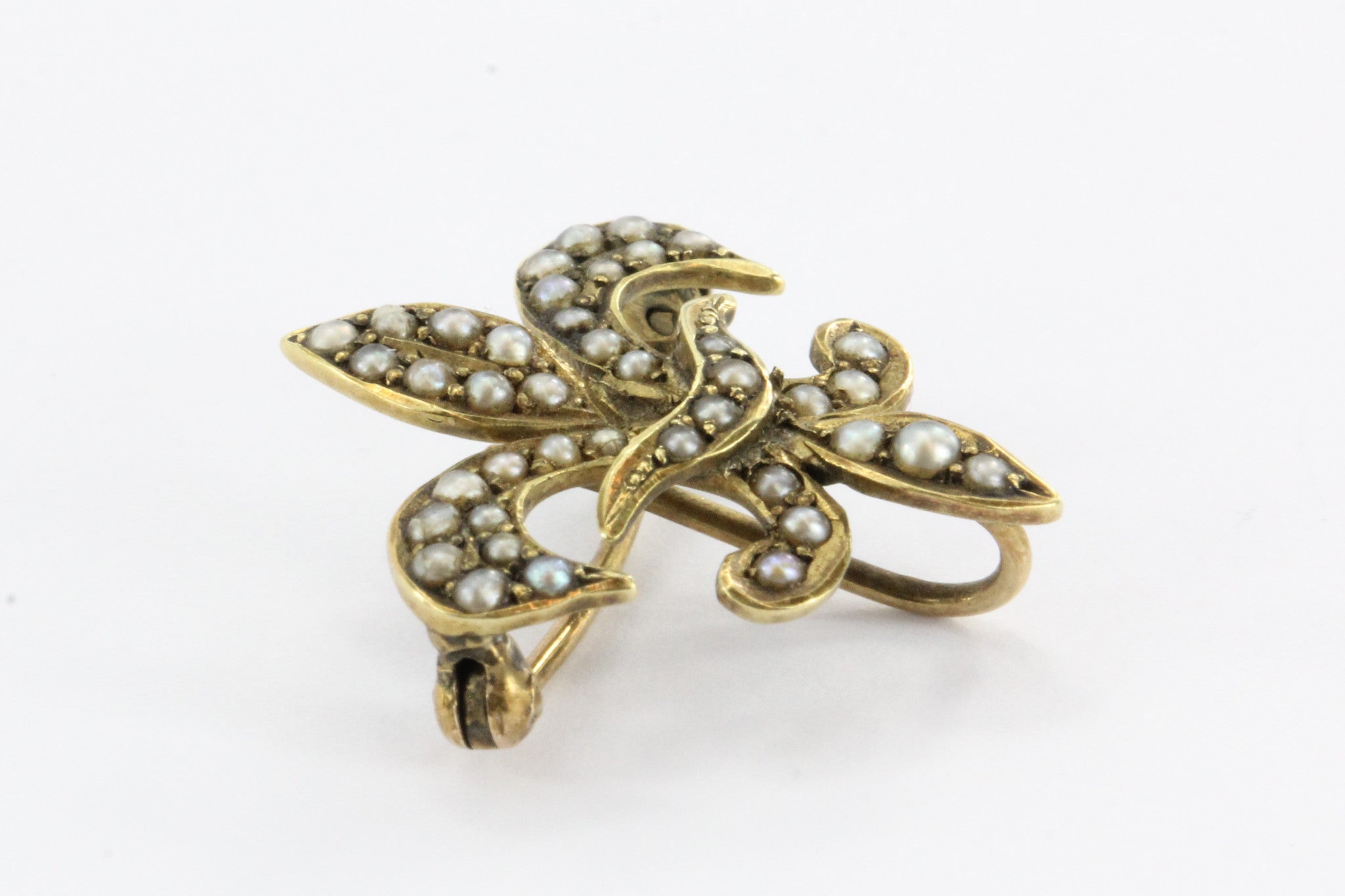 Antique 14K Gold & Seed Pearl Fleur De Lis Pin by Ehrlich & Sinnock - Queen May