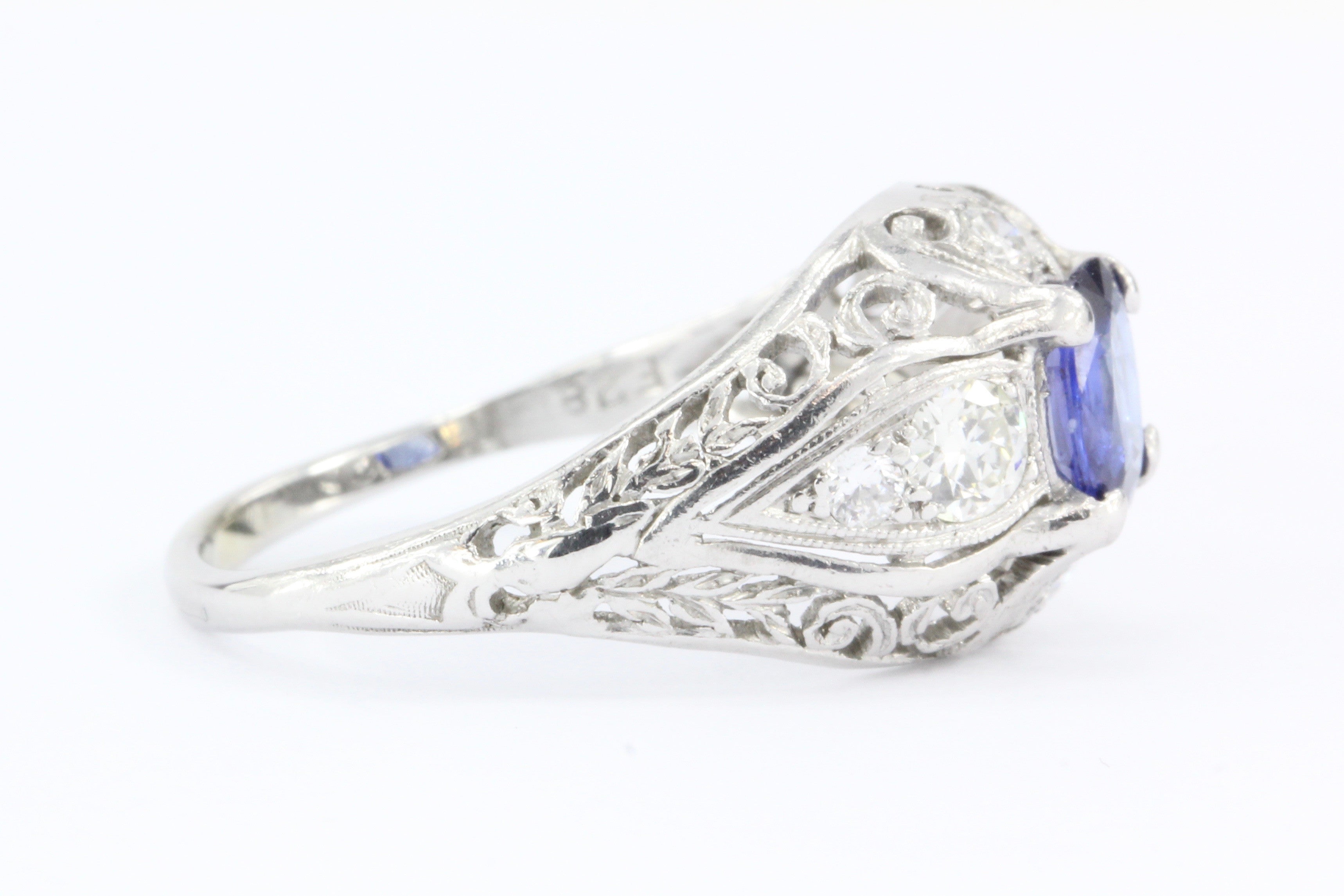 Art Deco Platinum Natural Sapphire & Old European Cut Diamond Ring c. 1920's - Queen May