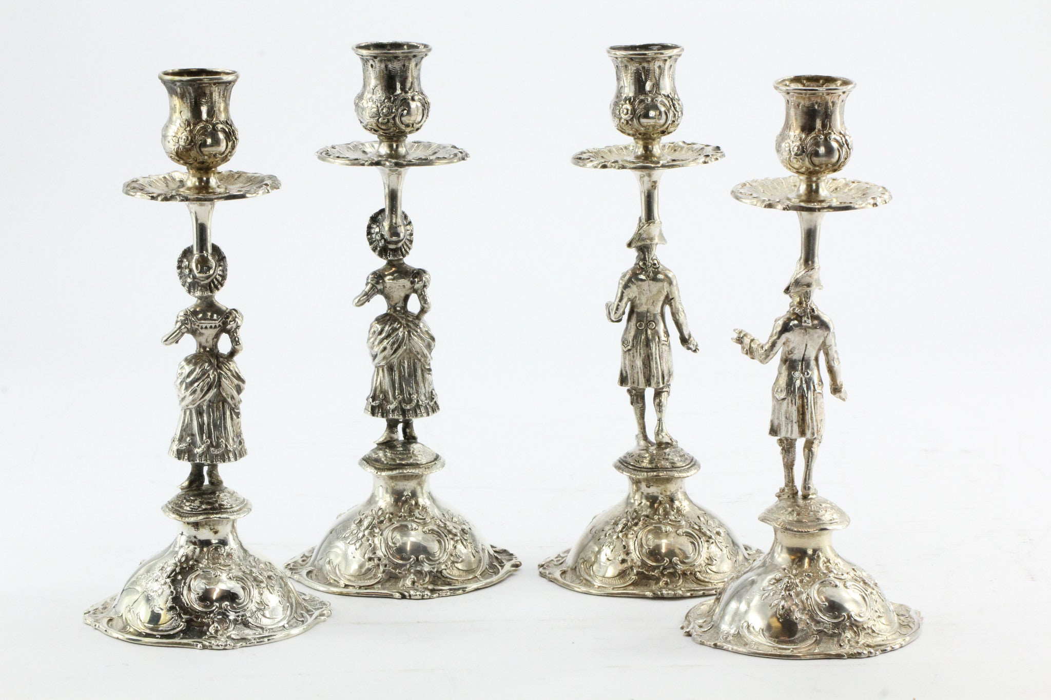 Set of 4 Antique 800 Silver Hanau Germany Figural Rococo Candle Sticks - Queen May