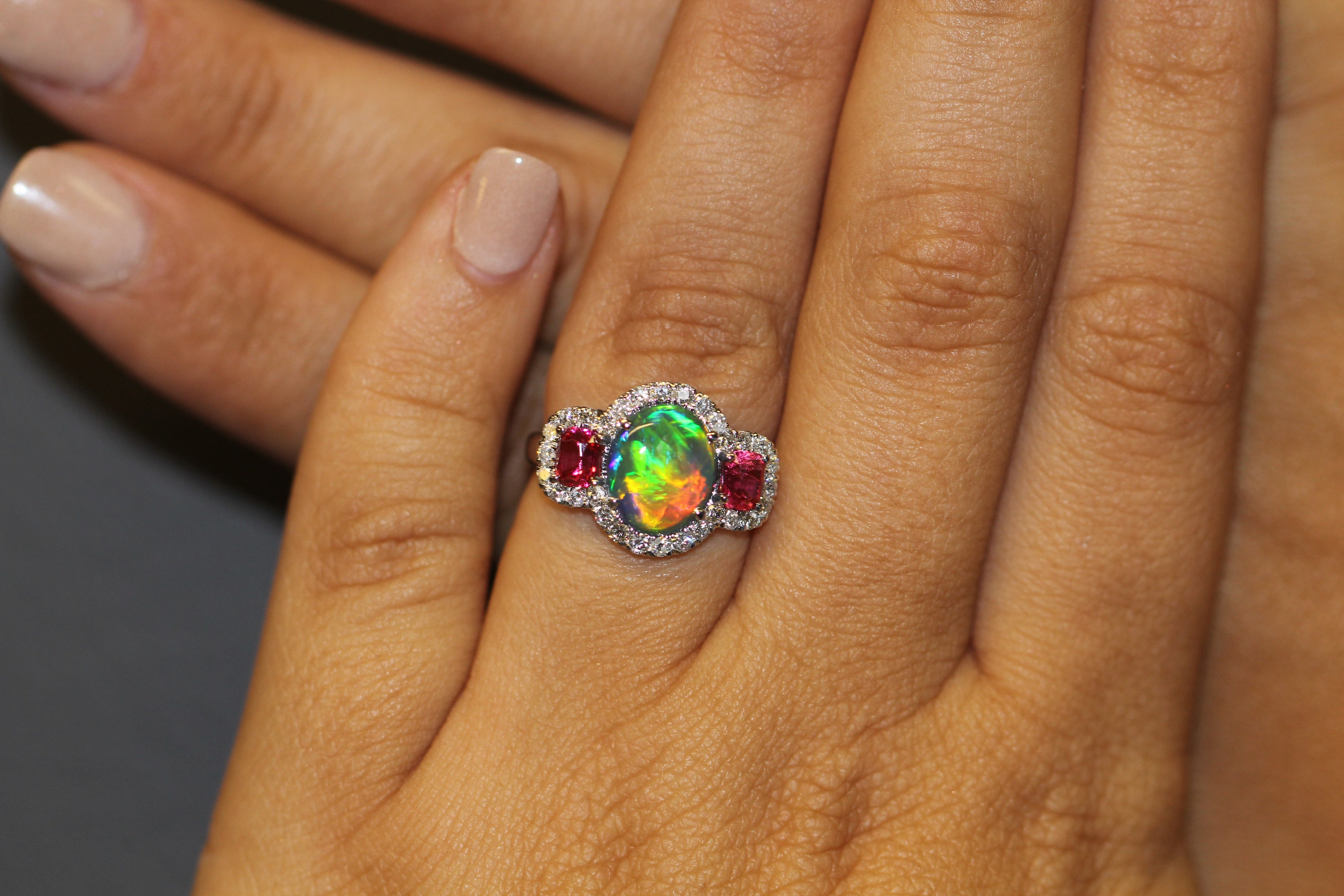 18K White Gold Australian Black Opal, Jedi Spinel & Diamond Ring - Queen May