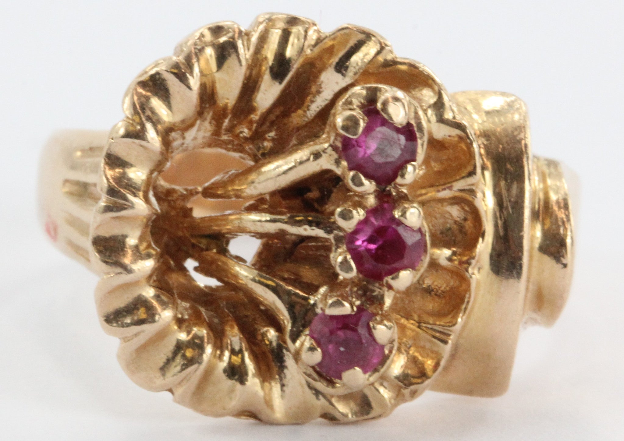 Vintage Art Deco 14K Rose Gold & Ruby Figural Flower Ring - Queen May