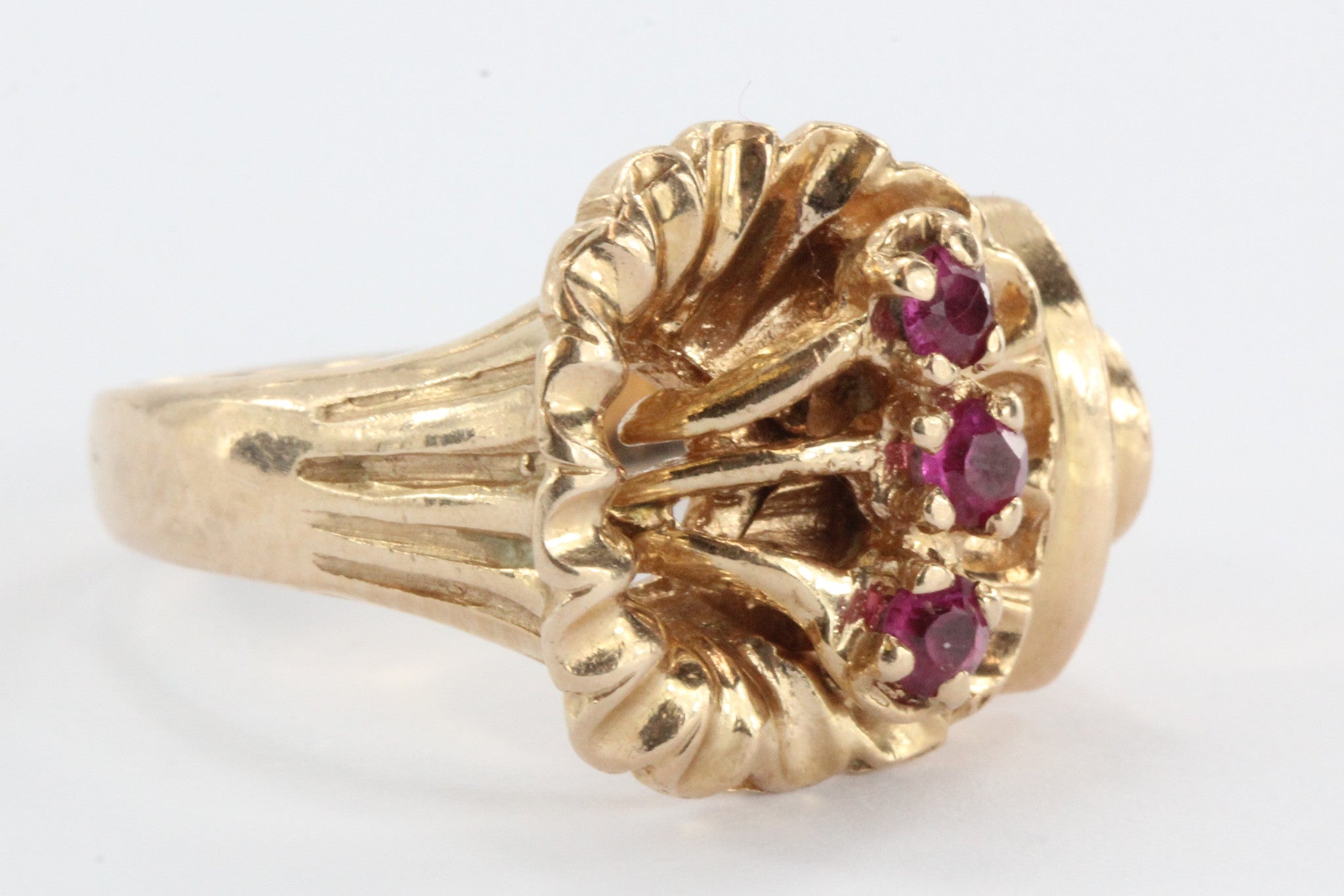 Vintage Art Deco 14K Rose Gold & Ruby Figural Flower Ring - Queen May