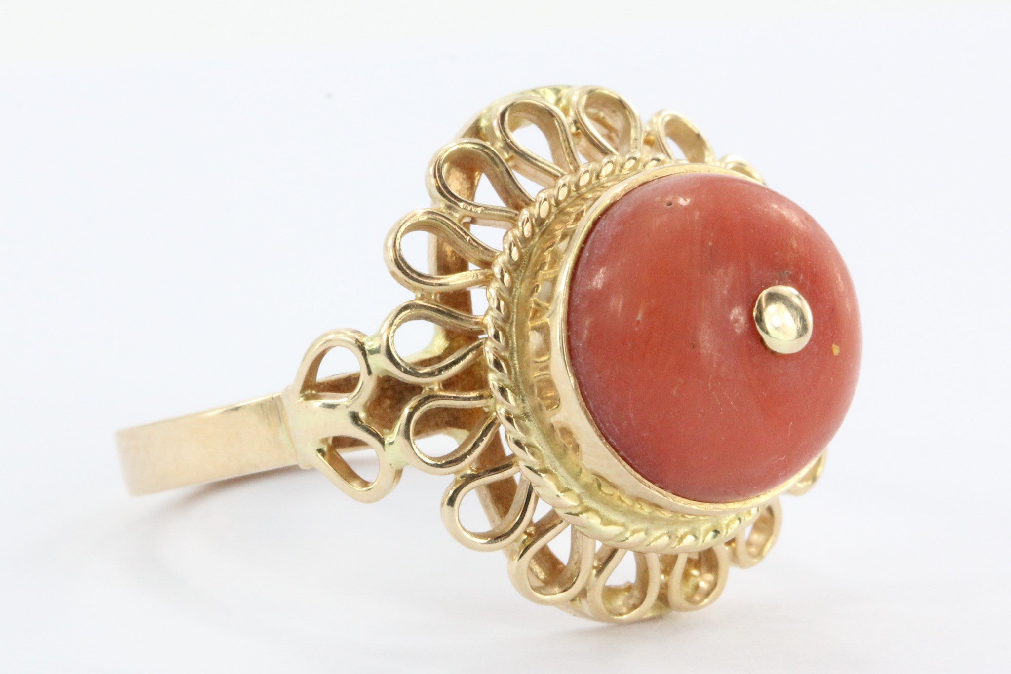Antique Polish 14K Gold Red Coral Ring 1920 - 1931 Crakow Poland - Queen May