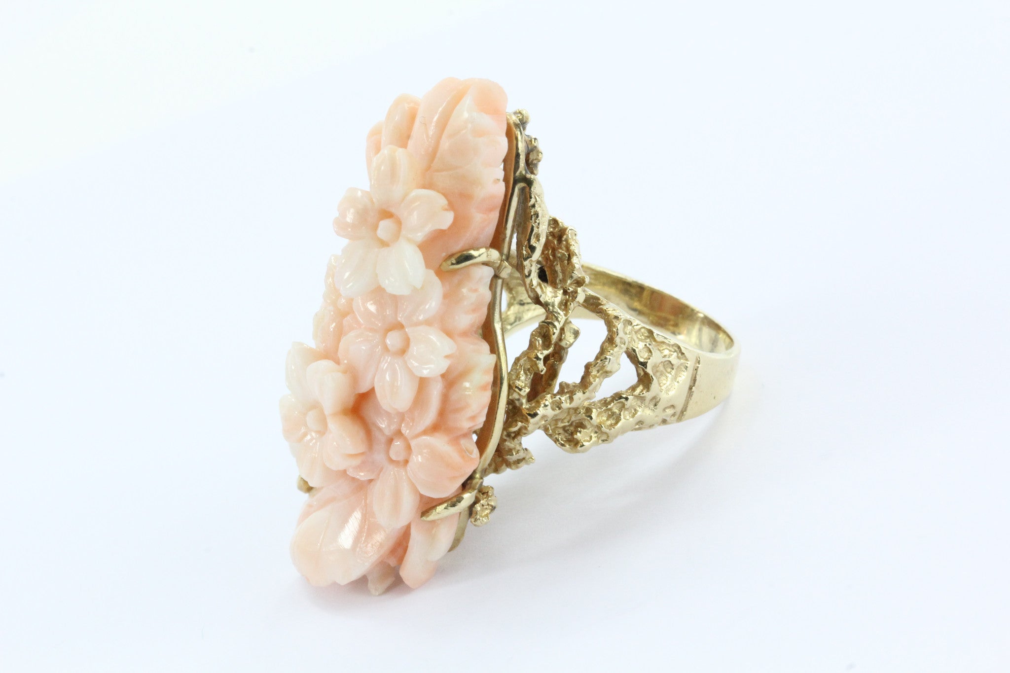 14K Gold Chunky Angel Skin Coral Carved Cherry Blossom Cocktail Ring - Queen May