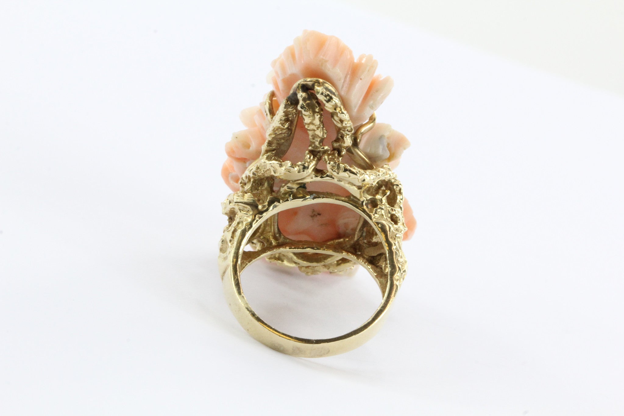 14K Gold Chunky Angel Skin Coral Carved Cherry Blossom Cocktail Ring - Queen May