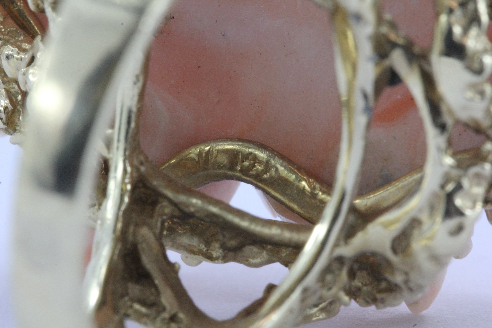 14K Gold Chunky Angel Skin Coral Carved Cherry Blossom Cocktail Ring - Queen May