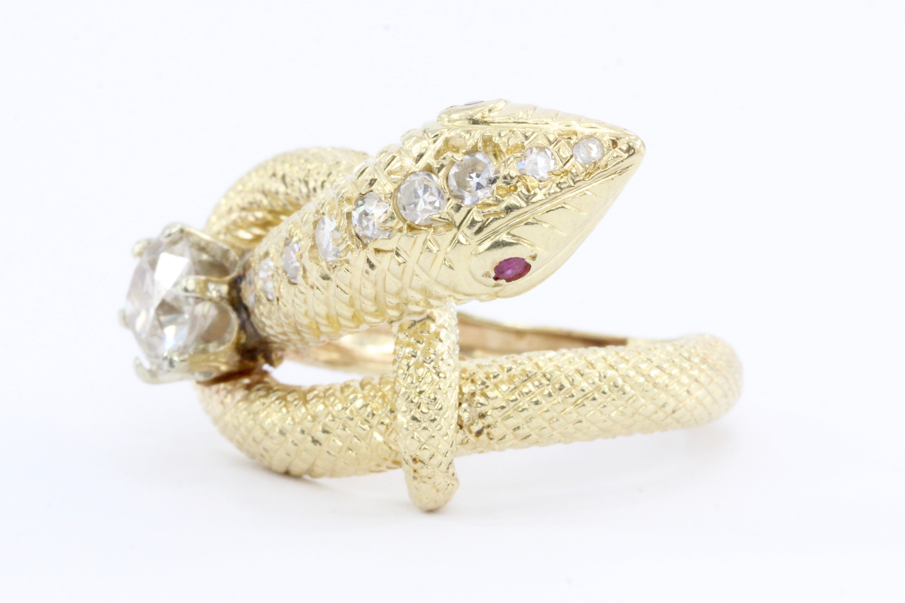 Retro 14K Gold Champagne Diamond & Ruby Coiled Snake Ring c.1950's - Queen May