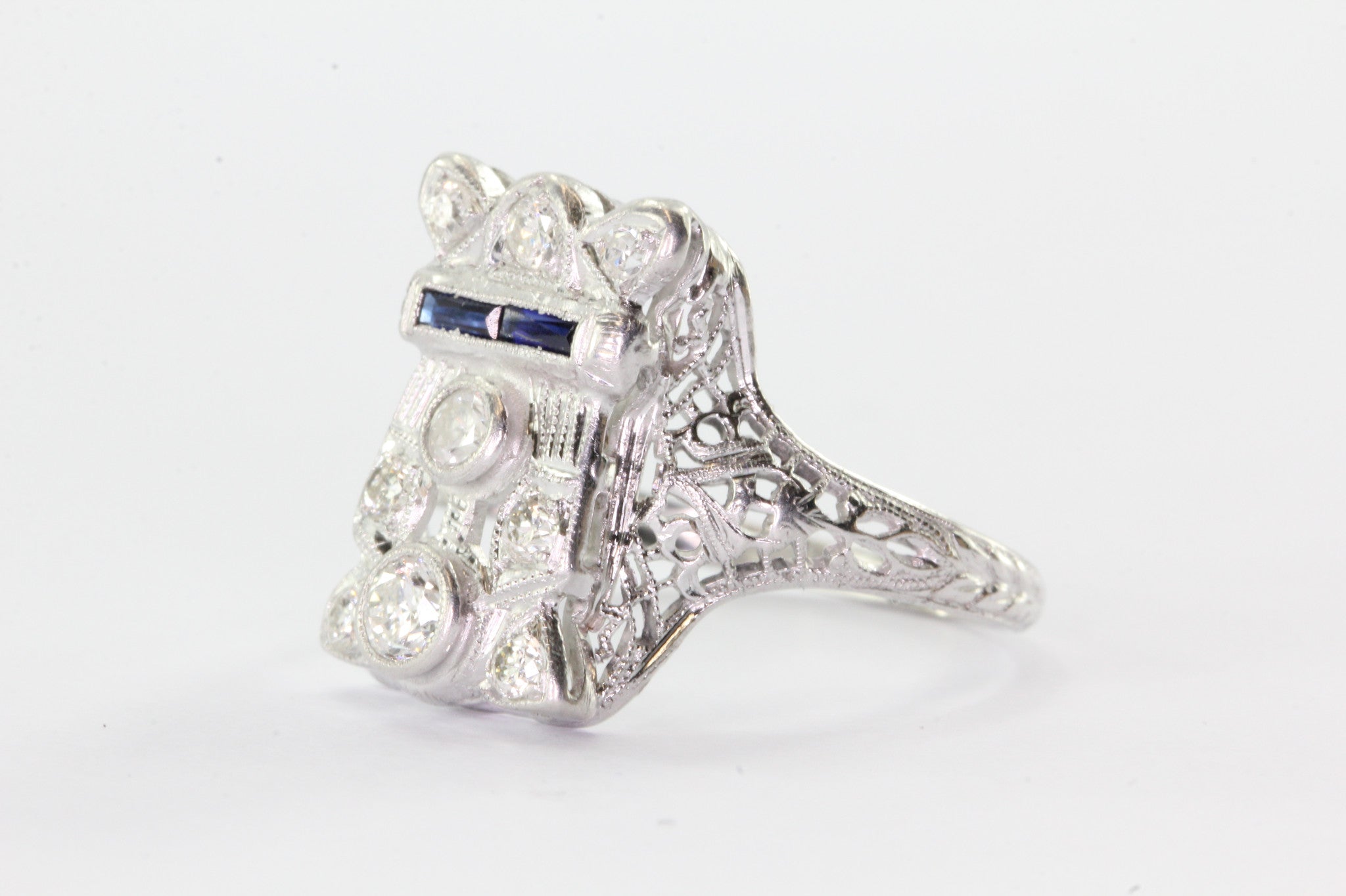Antique Art Deco 14K White Gold Belais Diamond & Sapphire Ring - Queen May