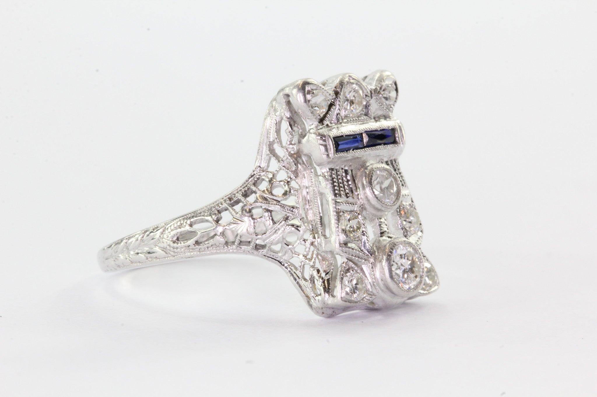 Antique Art Deco 14K White Gold Belais Diamond & Sapphire Ring - Queen May
