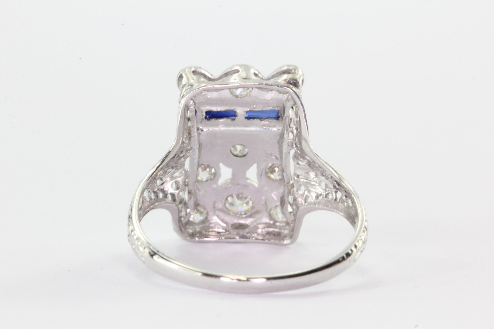 Antique Art Deco 14K White Gold Belais Diamond & Sapphire Ring - Queen May