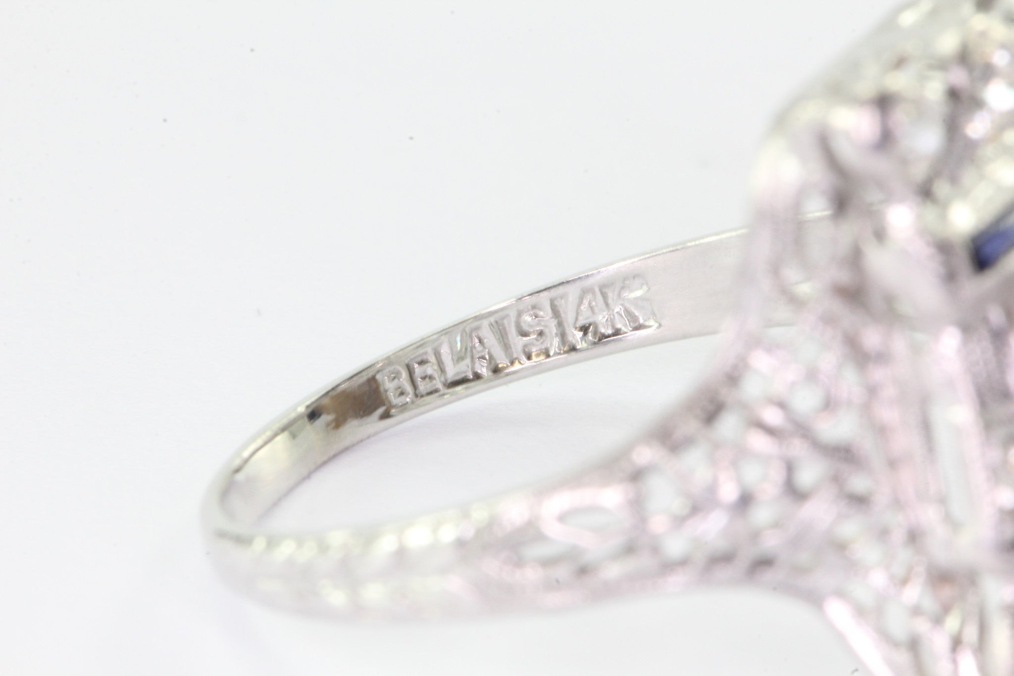 Antique Art Deco 14K White Gold Belais Diamond & Sapphire Ring - Queen May
