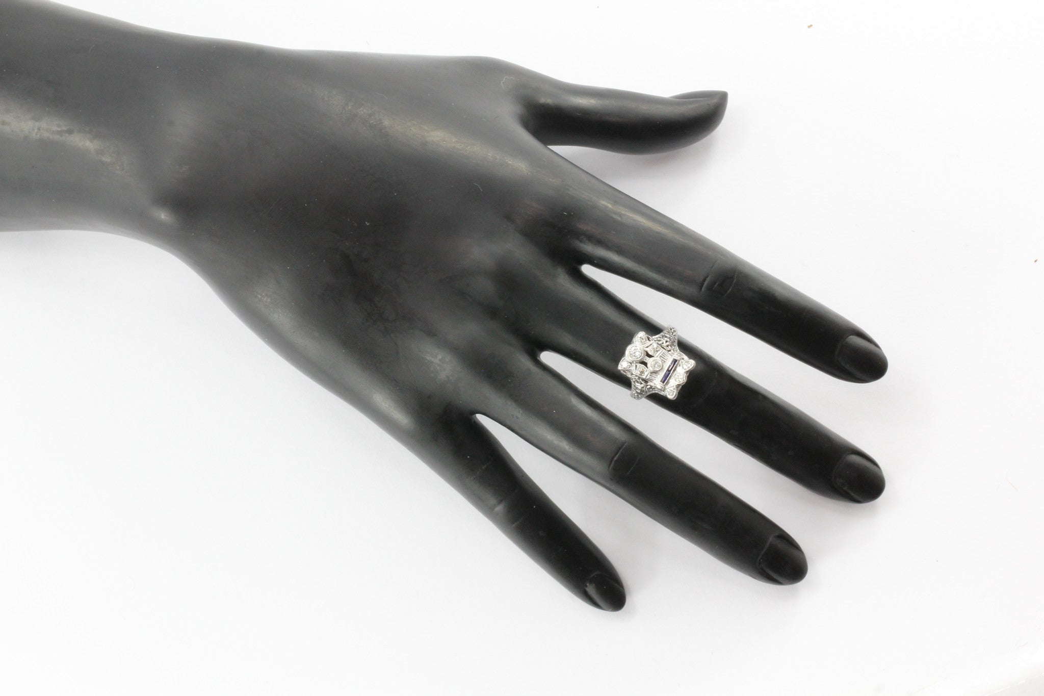 Antique Art Deco 14K White Gold Belais Diamond & Sapphire Ring - Queen May