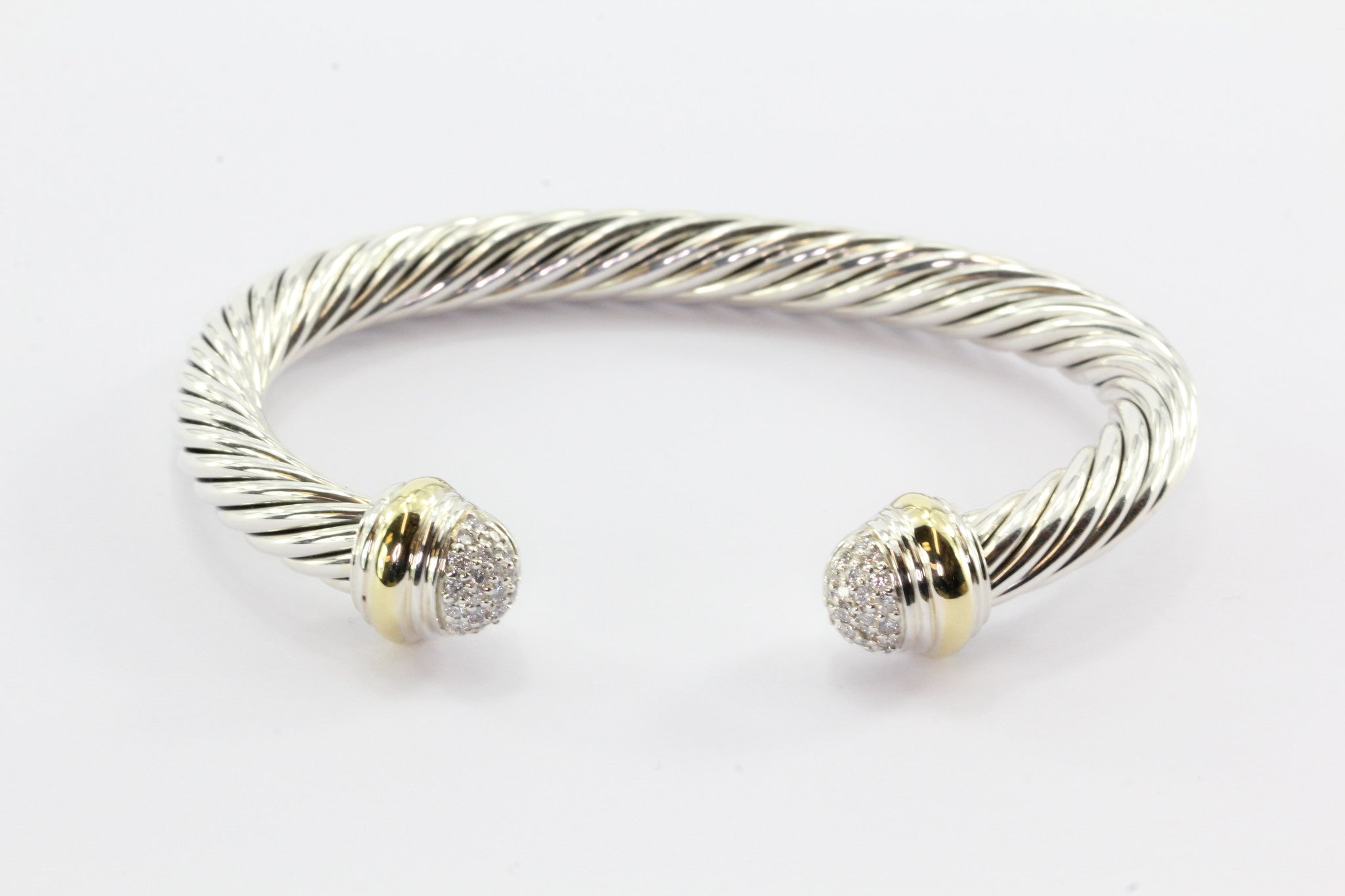 David Yurman Sterling Silver & 18K Gold Diamond Cable Classic Bangle Bracelet - Queen May