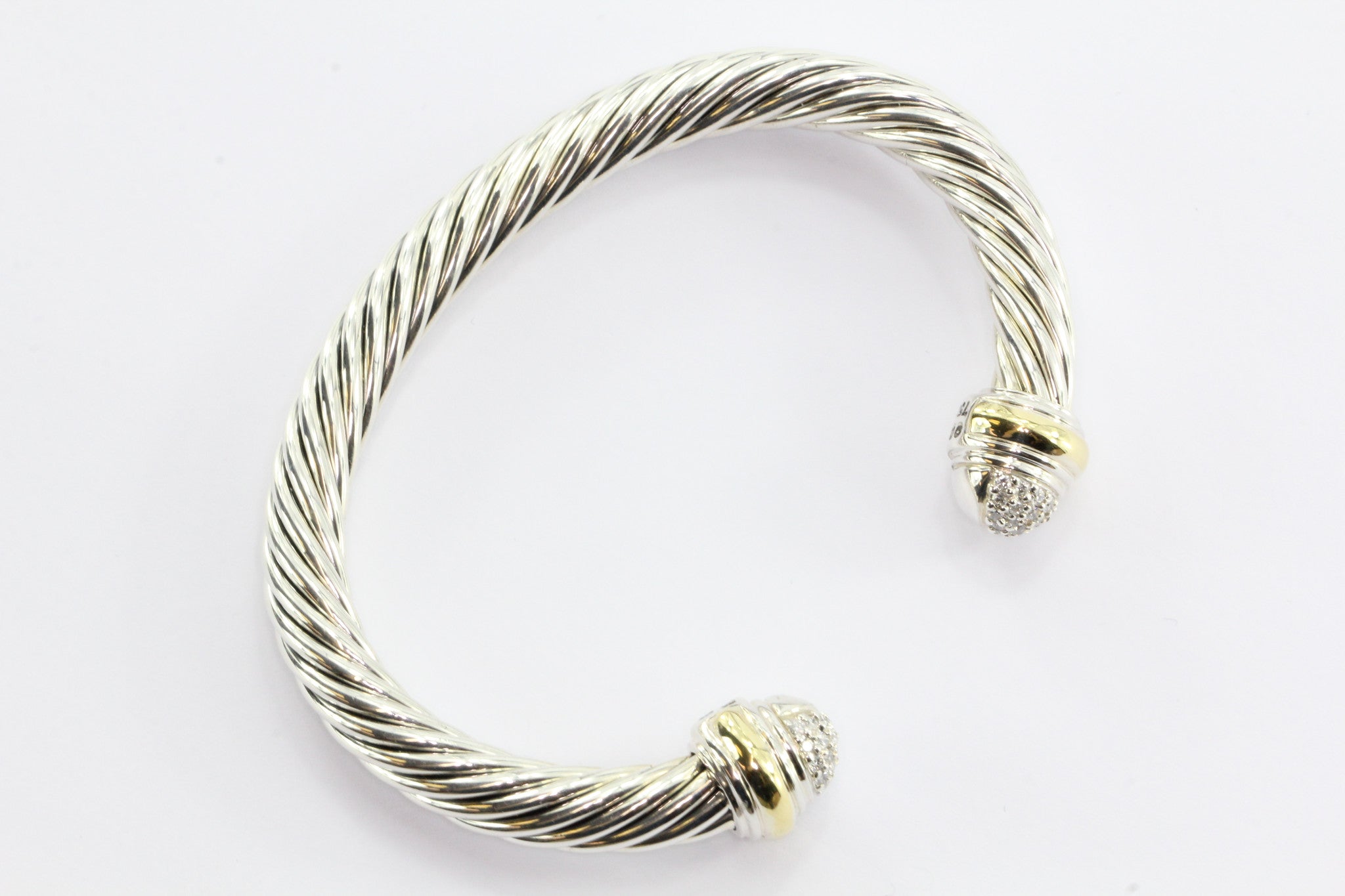 David Yurman Sterling Silver & 18K Gold Diamond Cable Classic Bangle Bracelet - Queen May