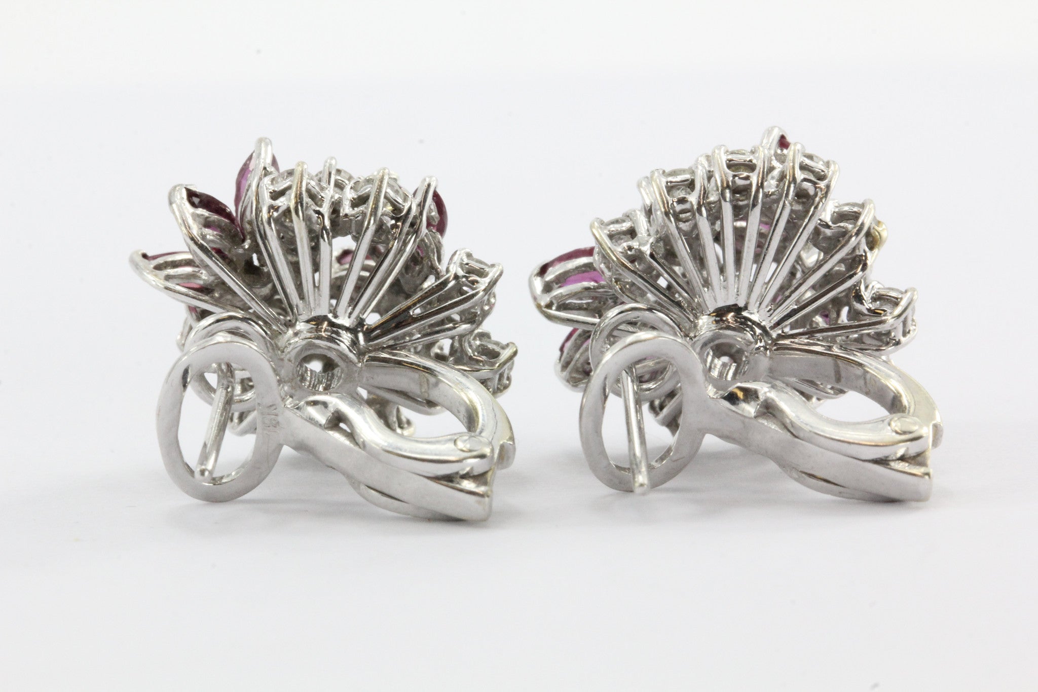 Vintage 18K White Gold Diamond & Ruby Cluster Earrings 2 CTW - Queen May