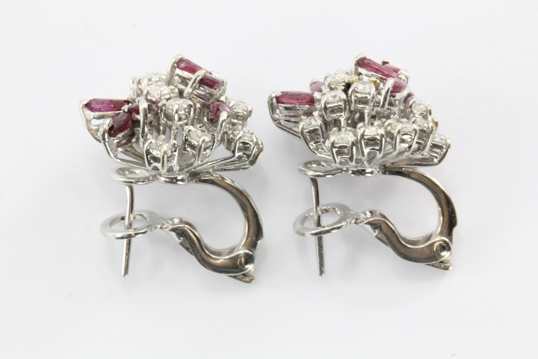 Vintage 18K White Gold Diamond & Ruby Cluster Earrings 2 CTW - Queen May