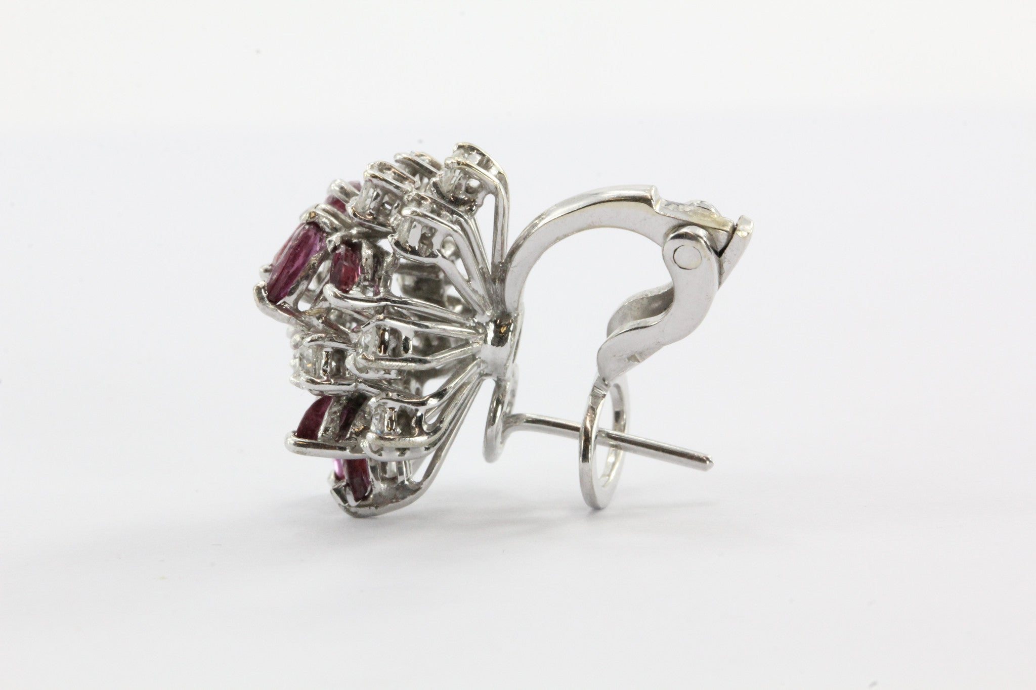 Vintage 18K White Gold Diamond & Ruby Cluster Earrings 2 CTW - Queen May