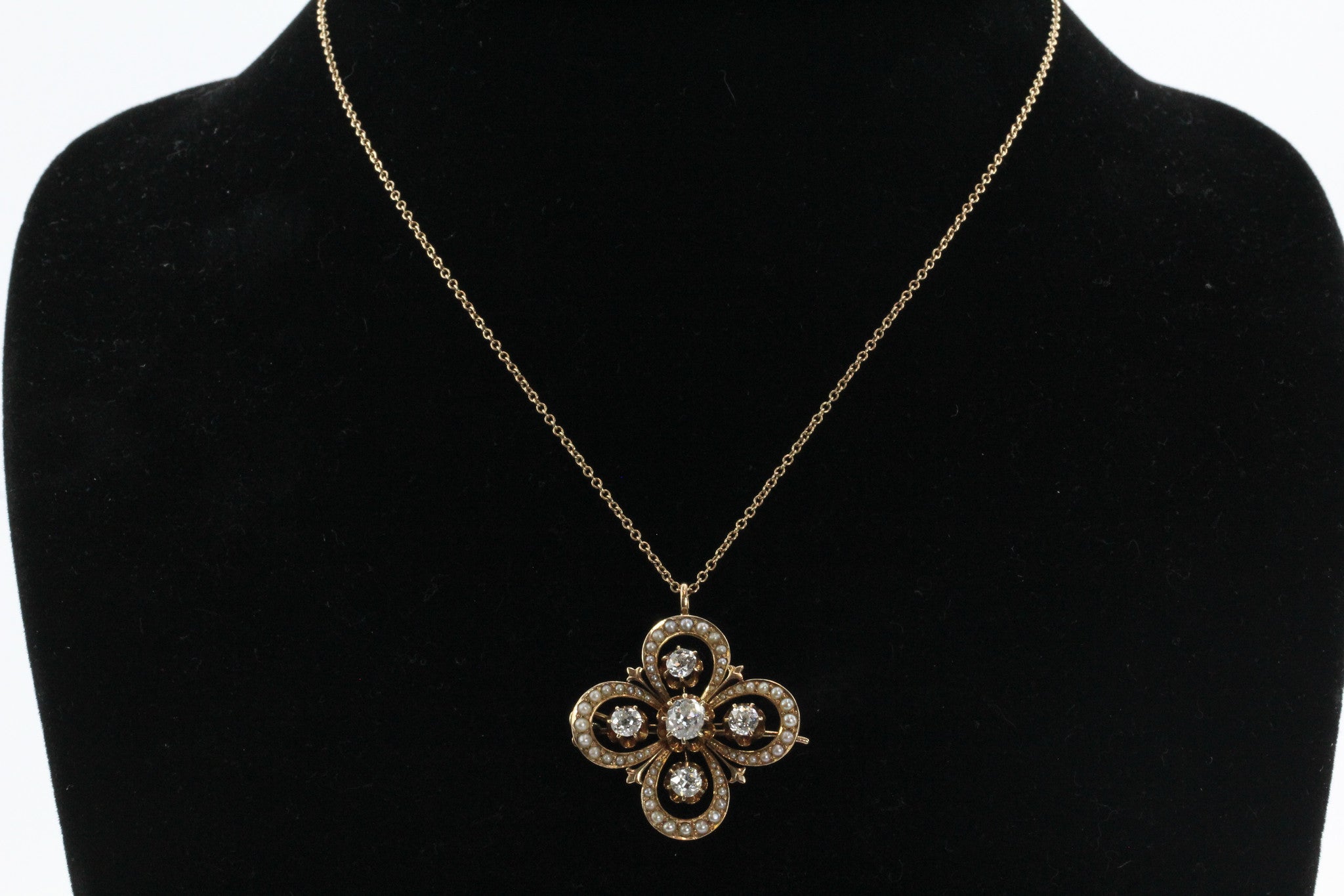 Antique 14K Gold Victorian Gothic Revival Old Mine Diamond & Seed Pearl Pendant - Queen May