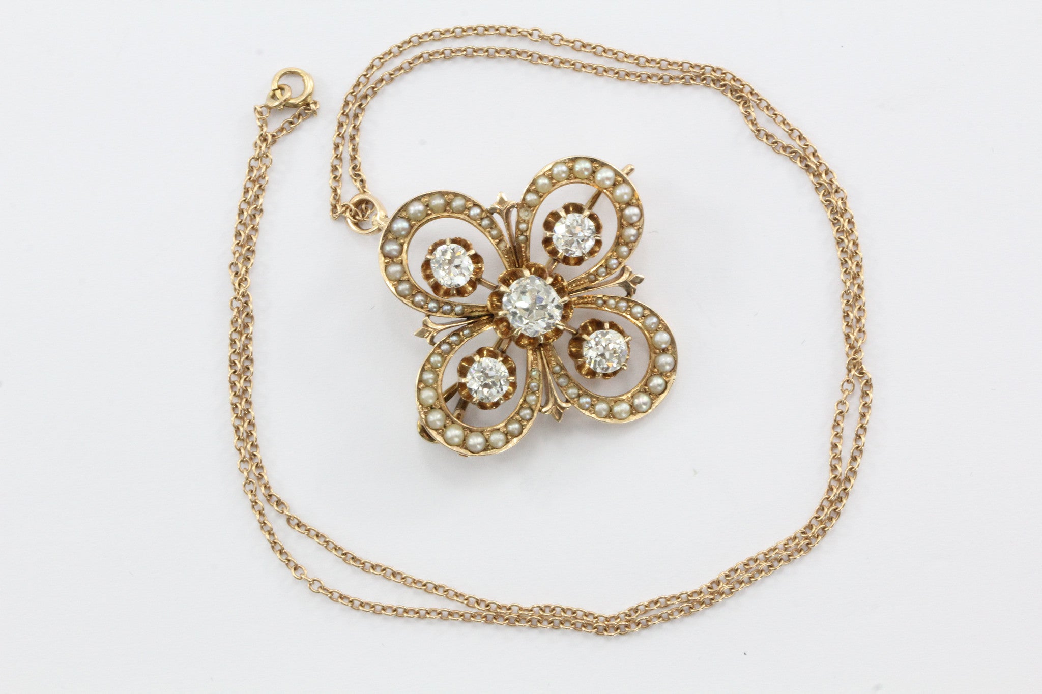 Antique 14K Gold Victorian Gothic Revival Old Mine Diamond & Seed Pearl Pendant - Queen May