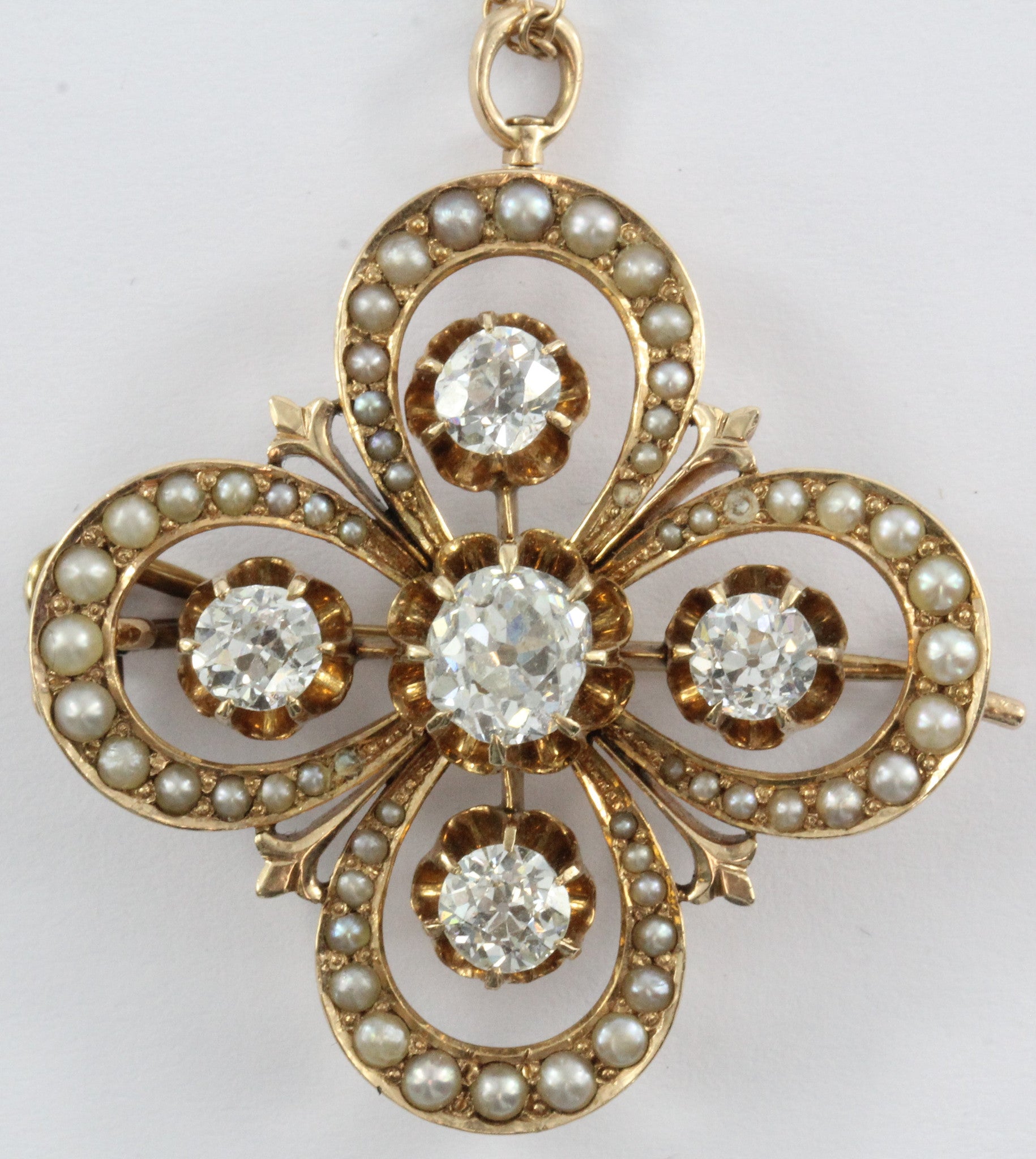 Antique 14K Gold Victorian Gothic Revival Old Mine Diamond & Seed Pearl Pendant - Queen May