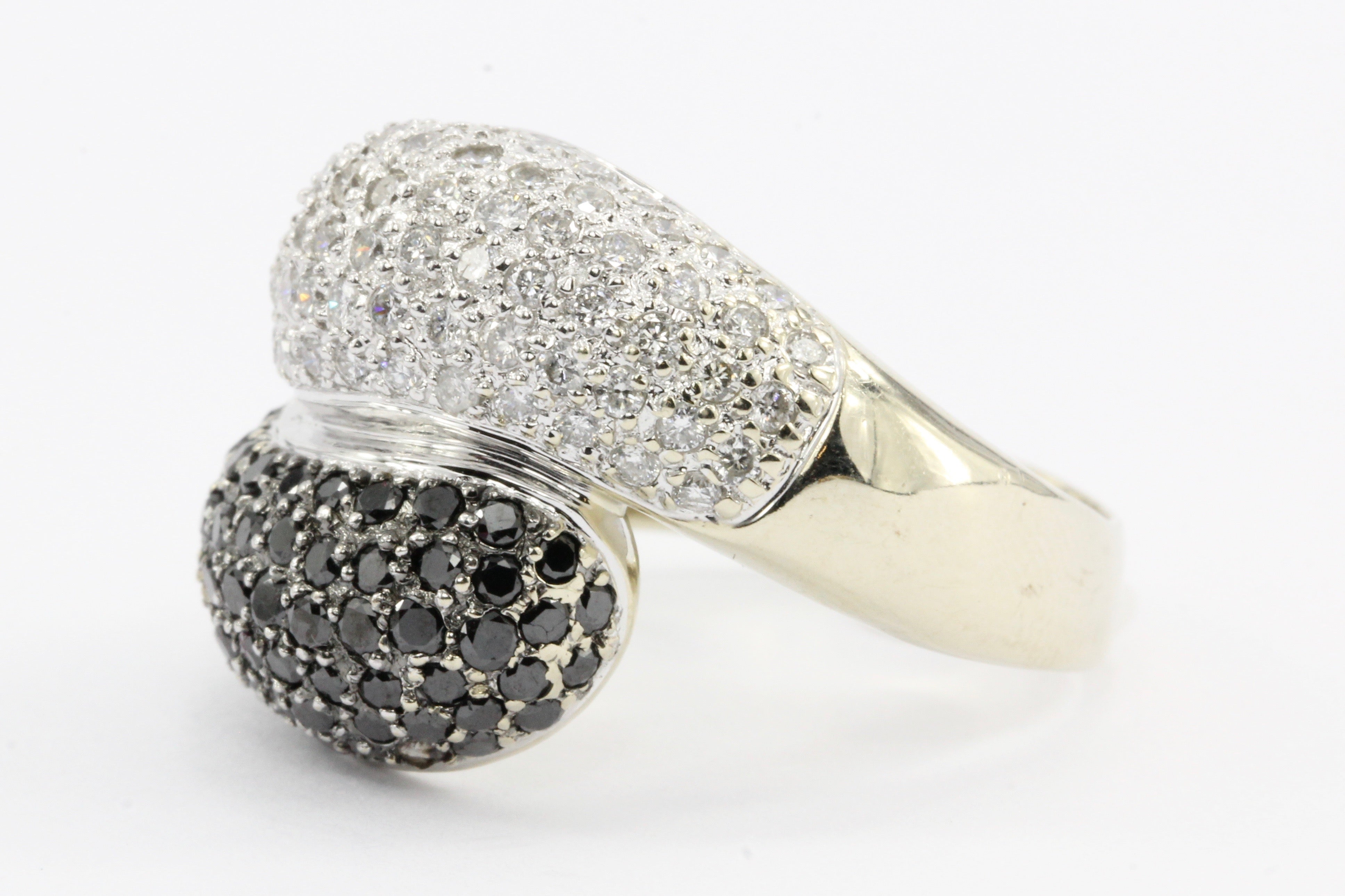 14K White Gold Bypass Ring with 1 Carat White and Black Diamonds - Queen May