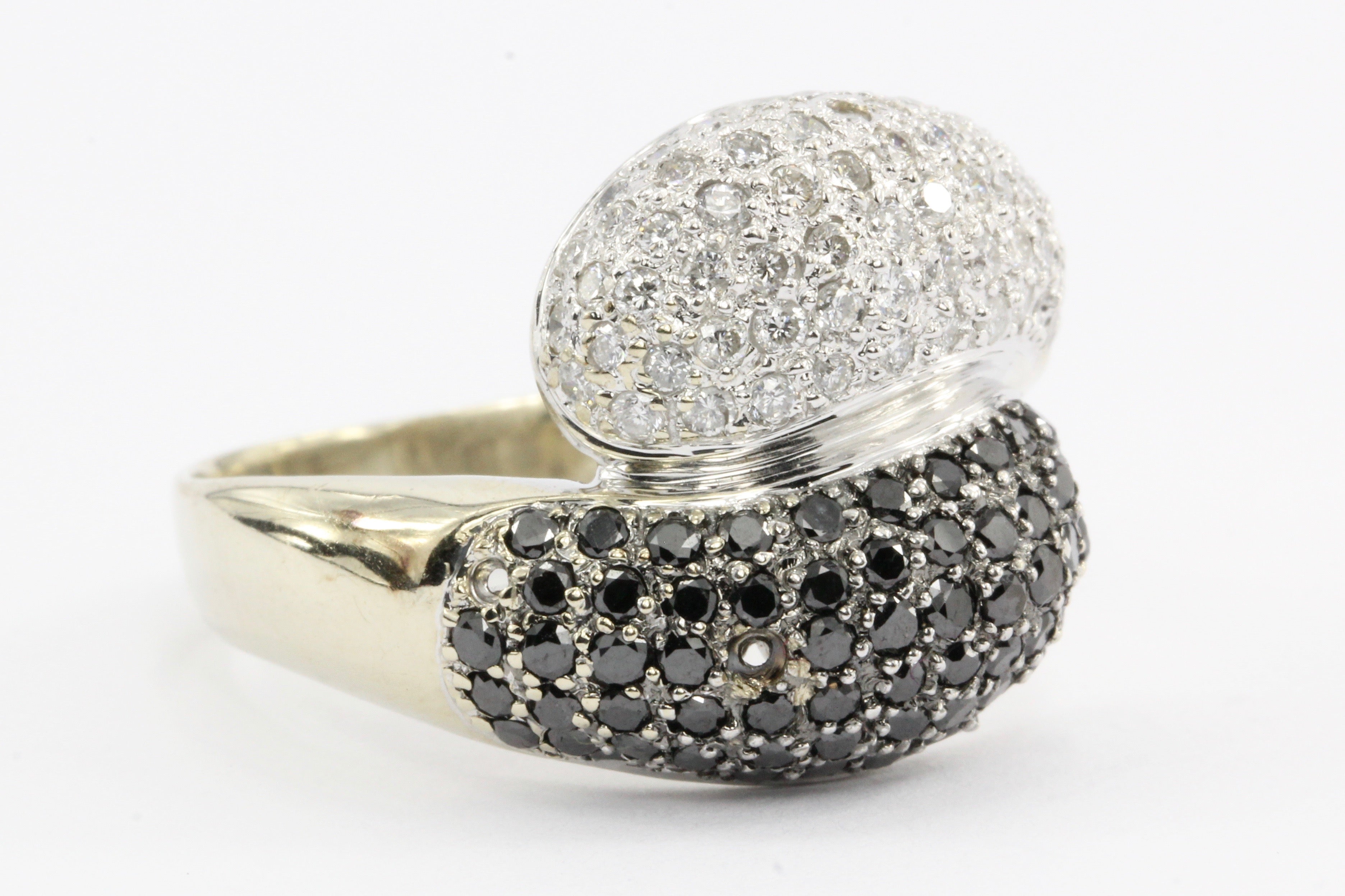 14K White Gold Bypass Ring with 1 Carat White and Black Diamonds - Queen May