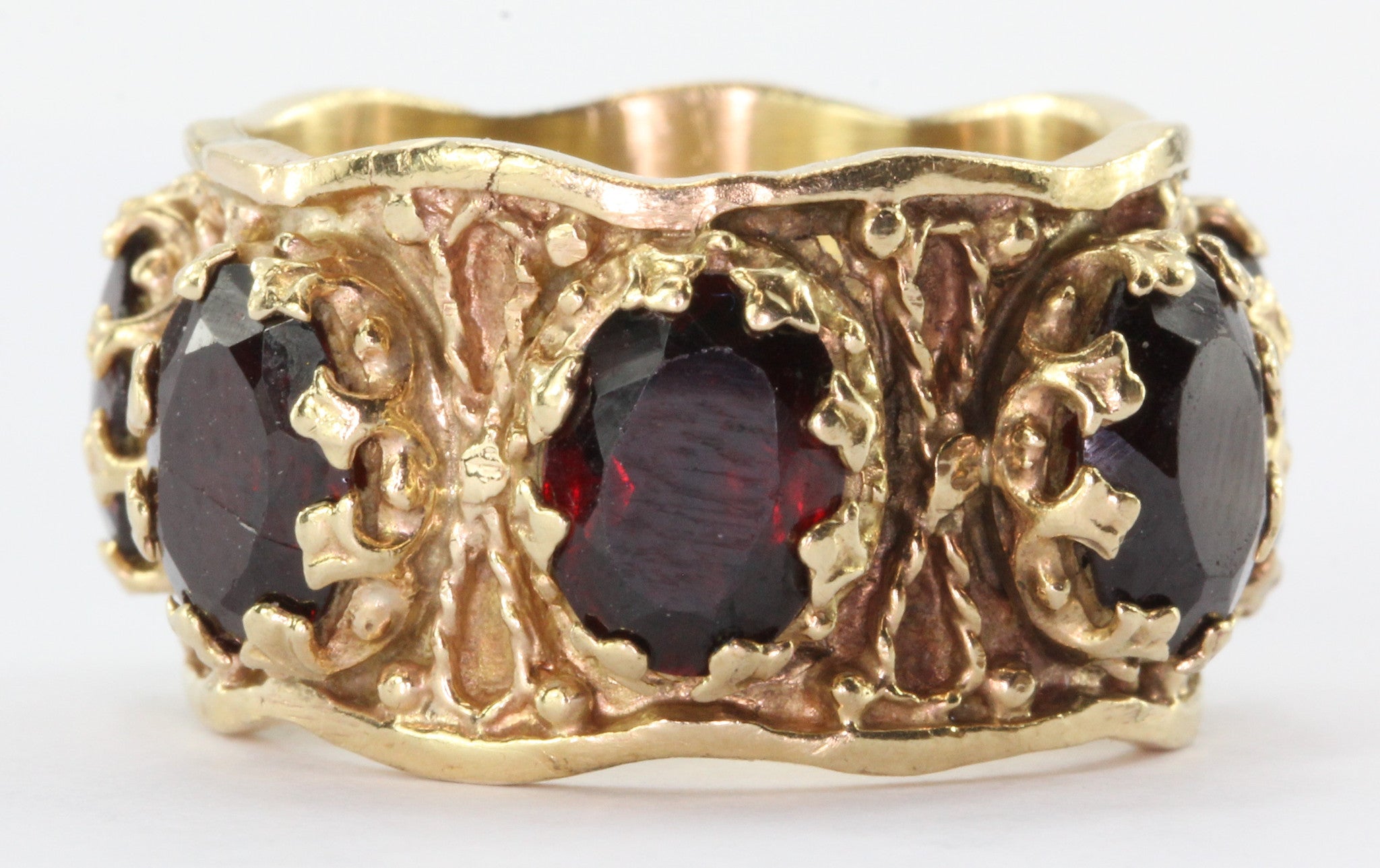 Gothic Revival Chunky 14K Gold Garnet Eternity Band Ring - Queen May