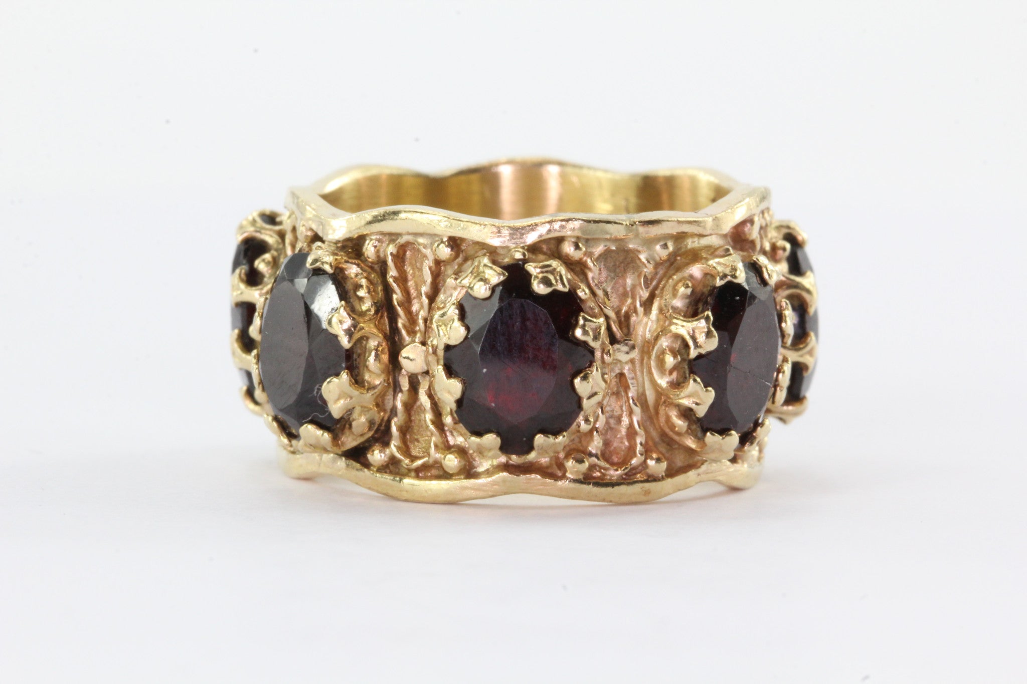 Gothic Revival Chunky 14K Gold Garnet Eternity Band Ring - Queen May