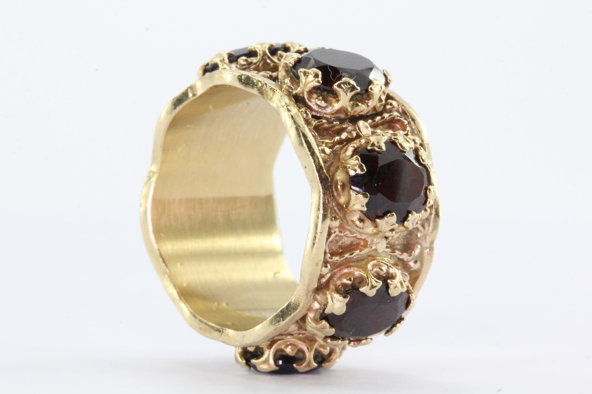 Gothic Revival Chunky 14K Gold Garnet Eternity Band Ring - Queen May