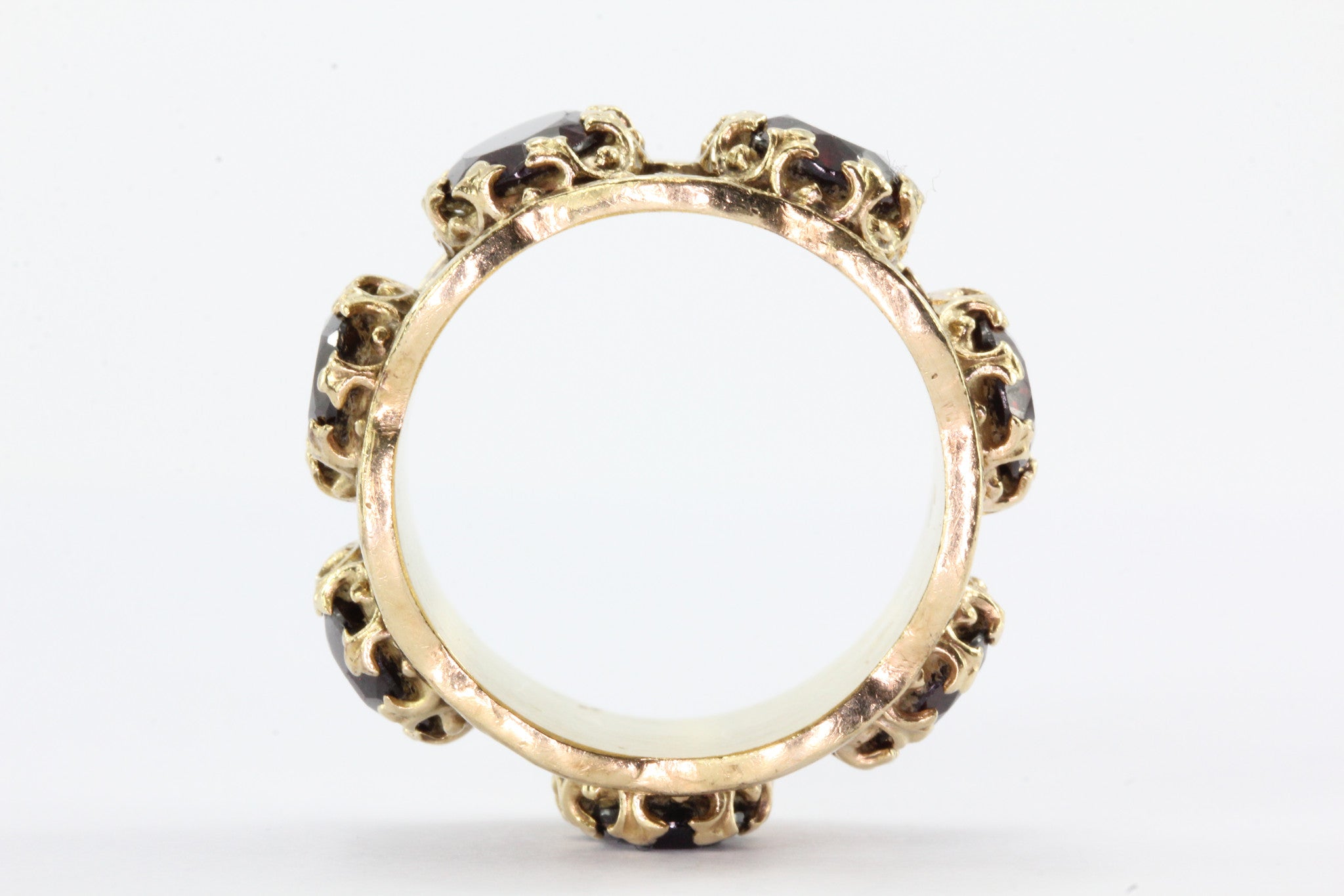Gothic Revival Chunky 14K Gold Garnet Eternity Band Ring - Queen May