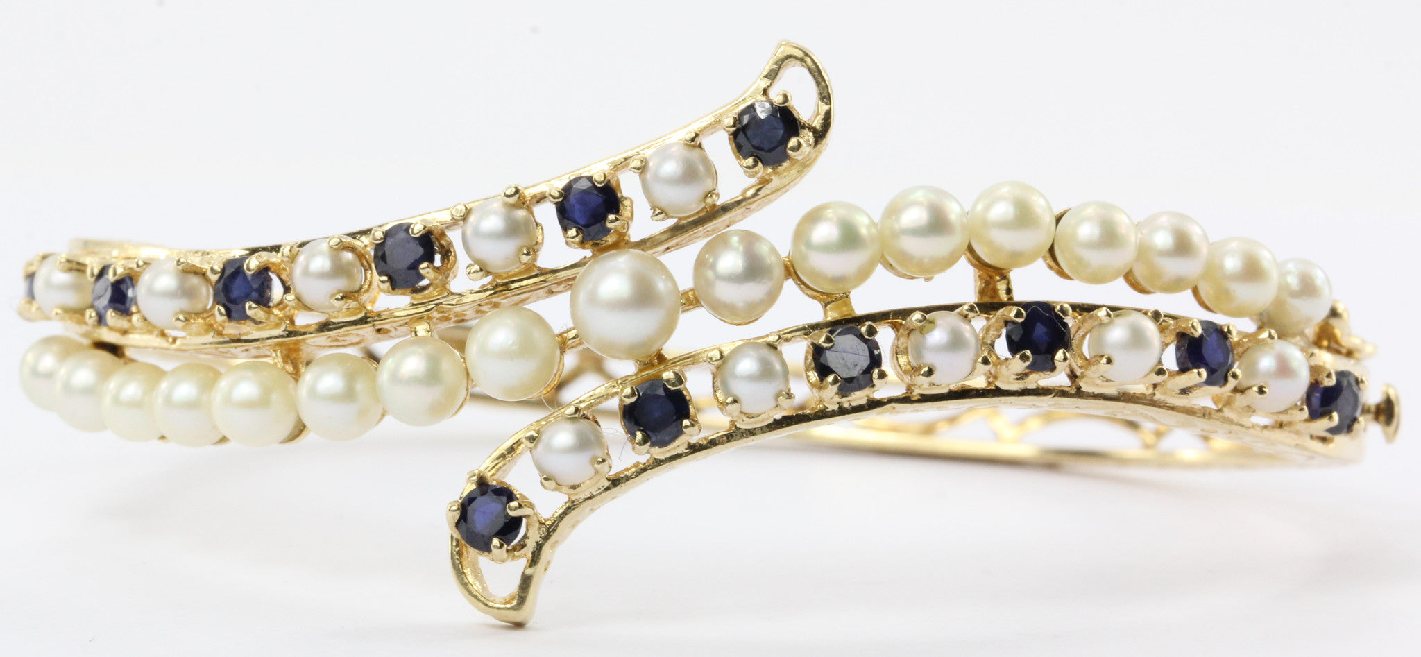 Victorian Revival Style 1950's 14K Gold Pearl Sapphire Bangle Bracelet - Queen May