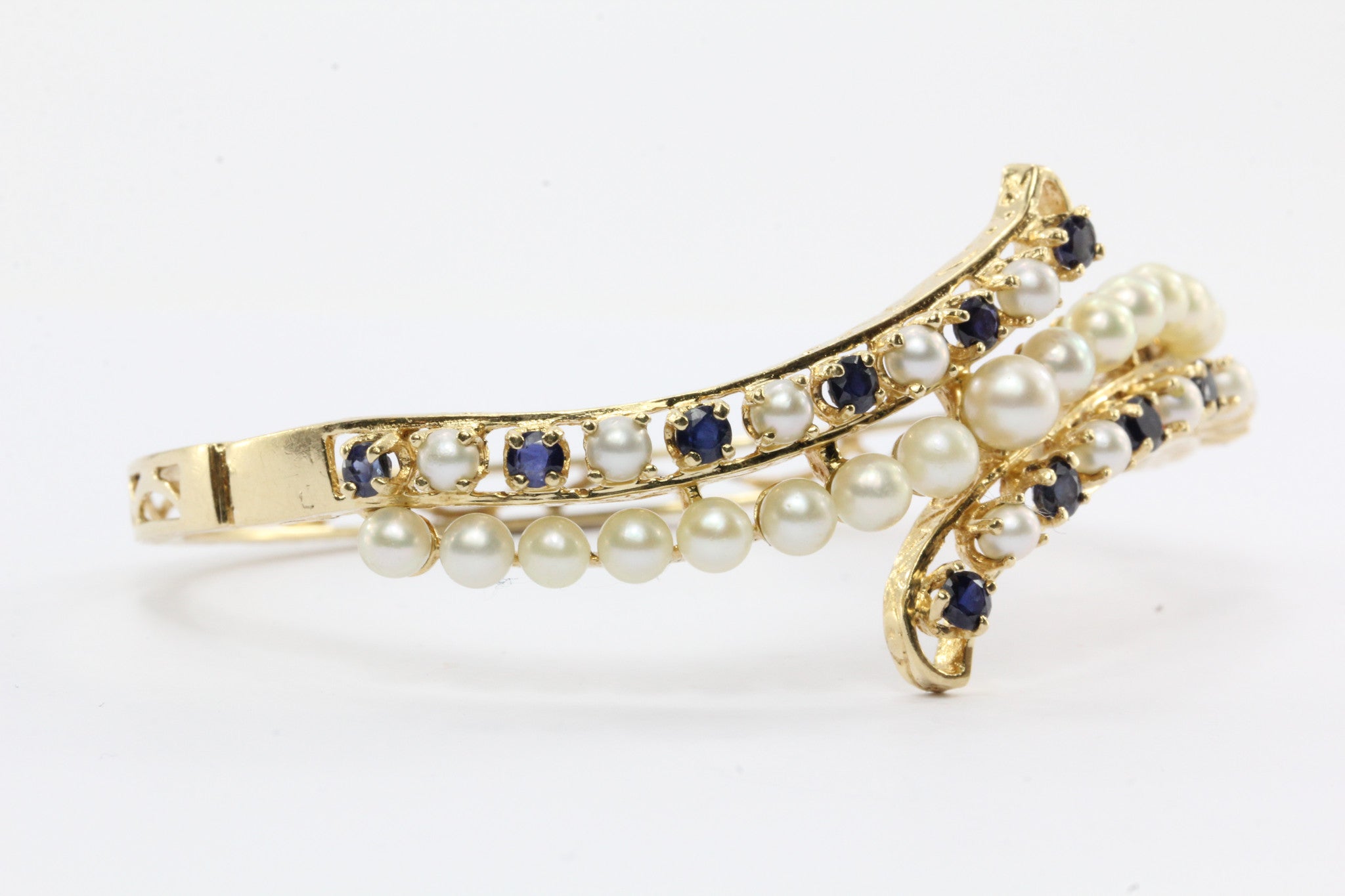 Victorian Revival Style 1950's 14K Gold Pearl Sapphire Bangle Bracelet - Queen May