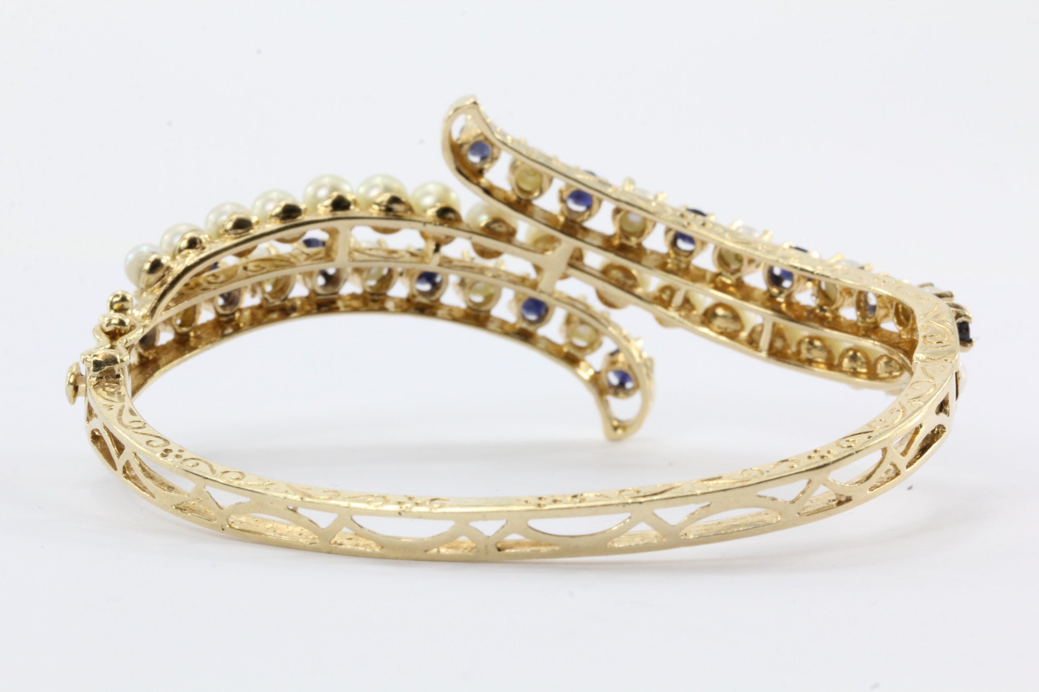 Victorian Revival Style 1950's 14K Gold Pearl Sapphire Bangle Bracelet - Queen May