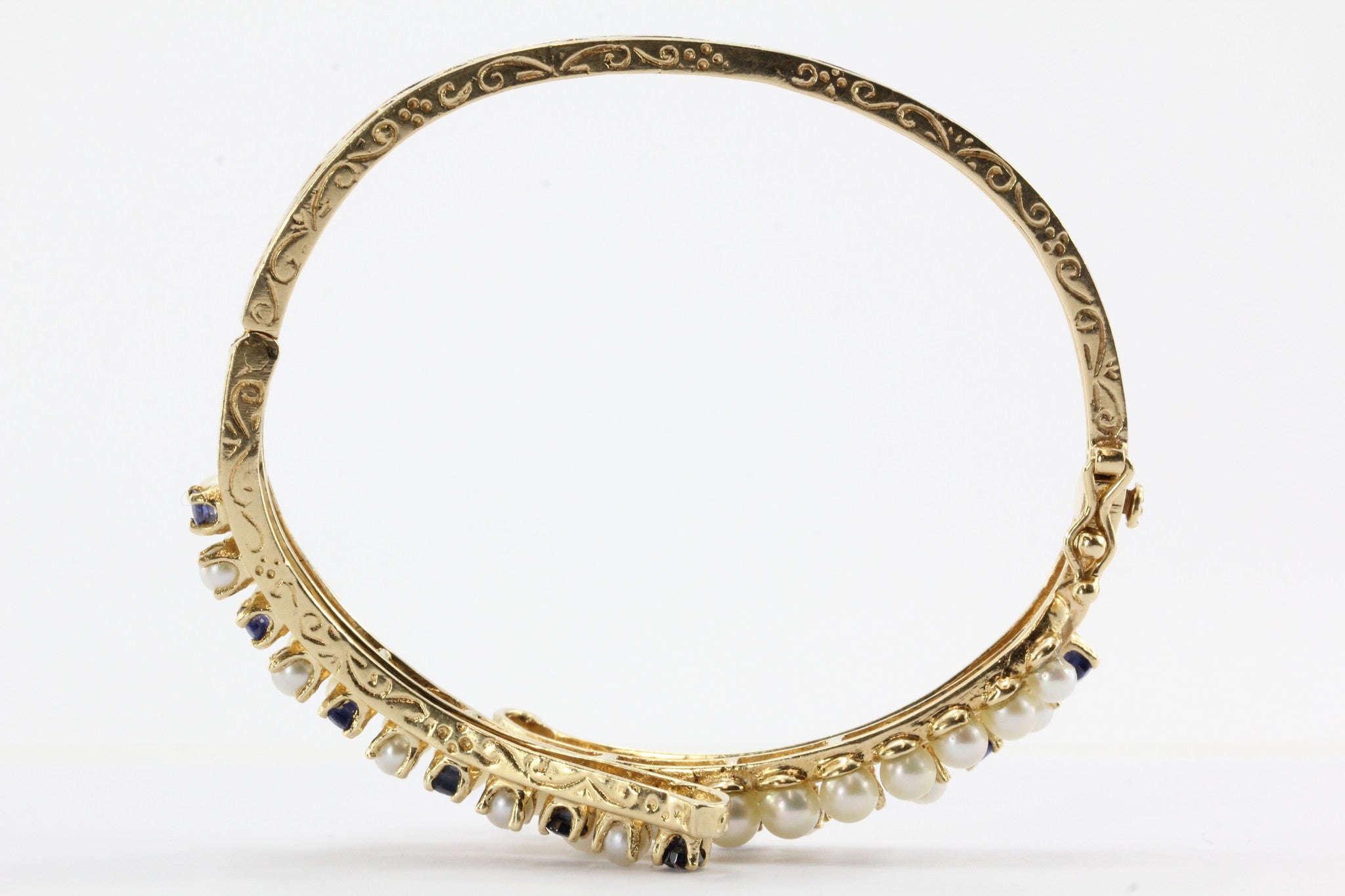 Victorian Revival Style 1950's 14K Gold Pearl Sapphire Bangle Bracelet - Queen May