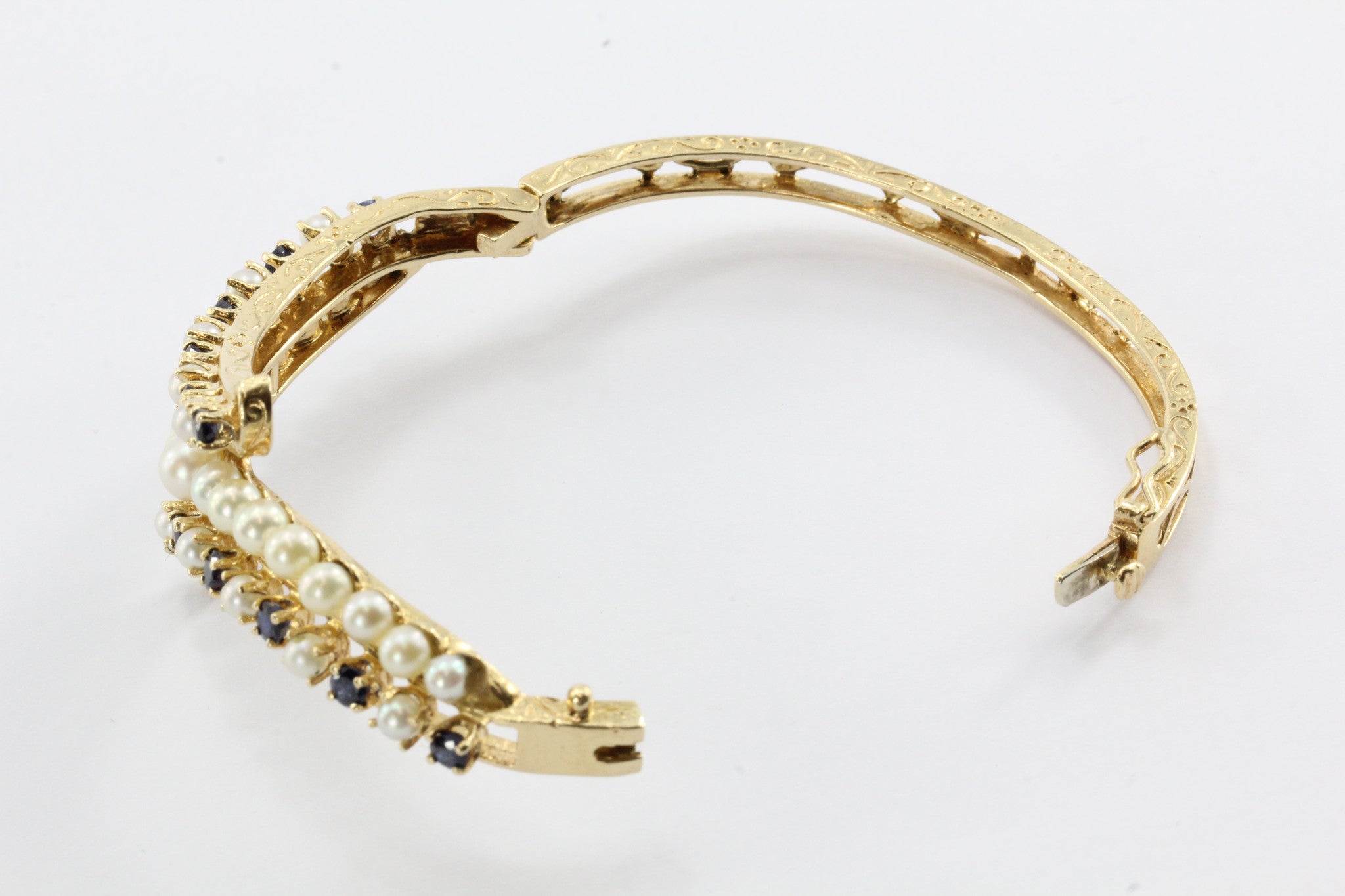 Victorian Revival Style 1950's 14K Gold Pearl Sapphire Bangle Bracelet - Queen May