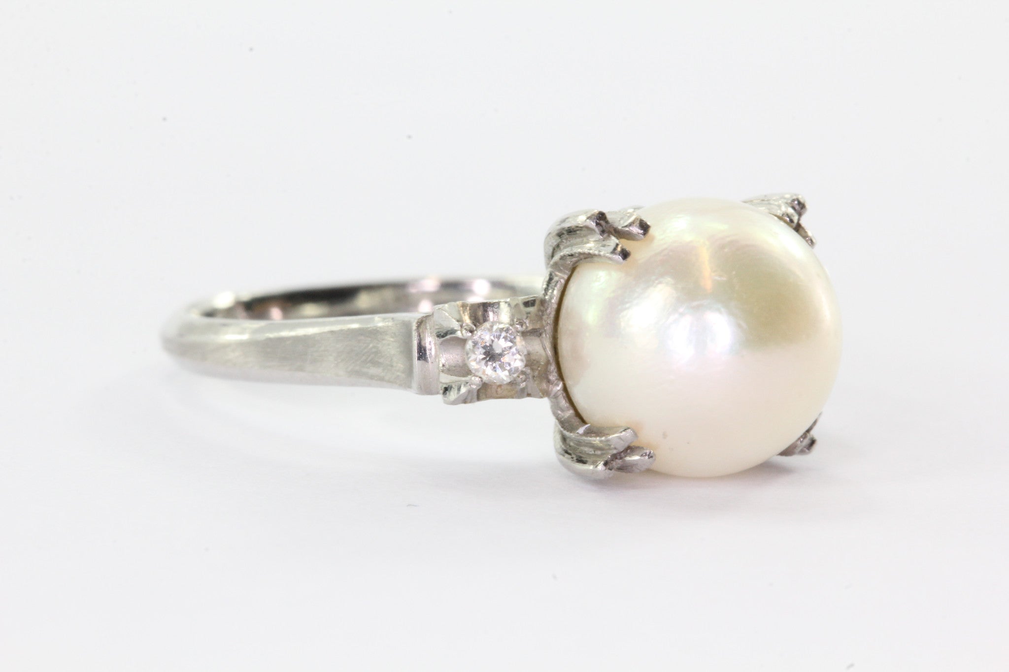 Antique Art Deco Platinum 8.8mm Pearl & Diamond Engagement Ring Circa 1940's - Queen May