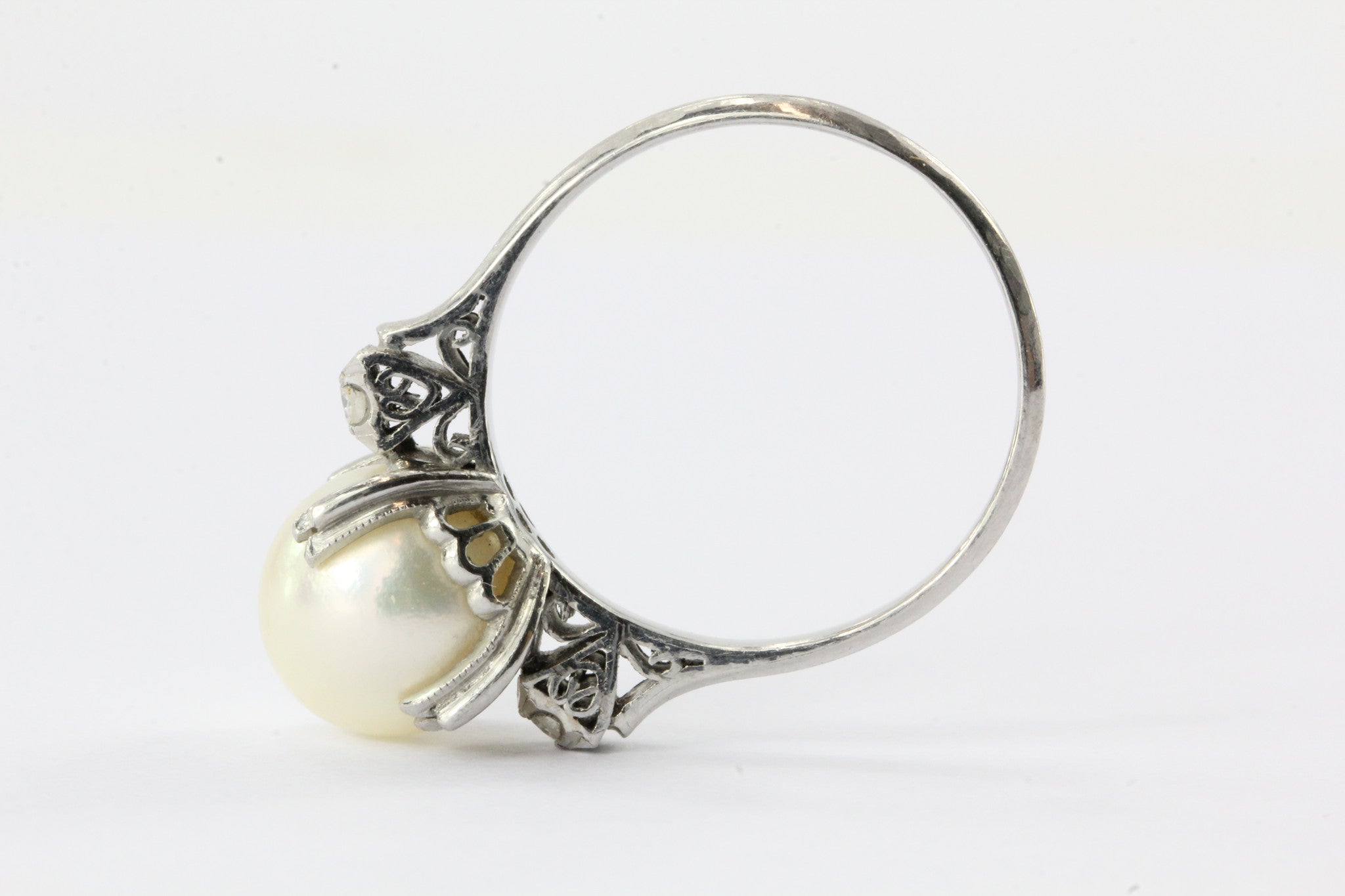 Antique Art Deco Platinum 8.8mm Pearl & Diamond Engagement Ring Circa 1940's - Queen May