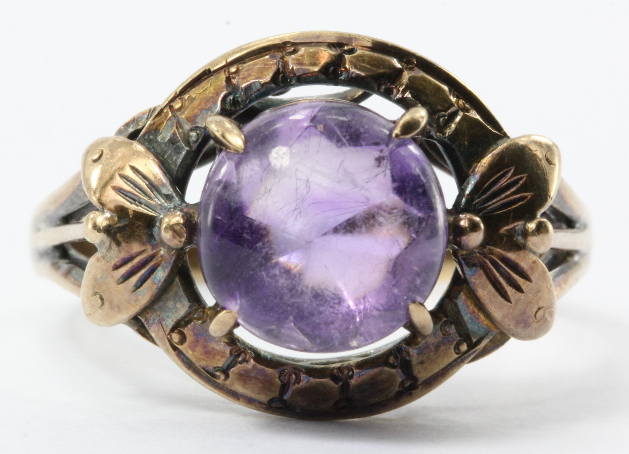 Antique Art Nouveau 14K Rose Gold 2.5ct Amethyst Cabochon Ring - Queen May