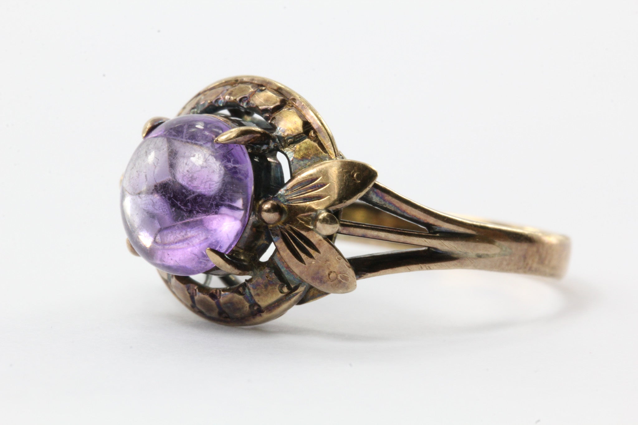 Antique Art Nouveau 14K Rose Gold 2.5ct Amethyst Cabochon Ring - Queen May